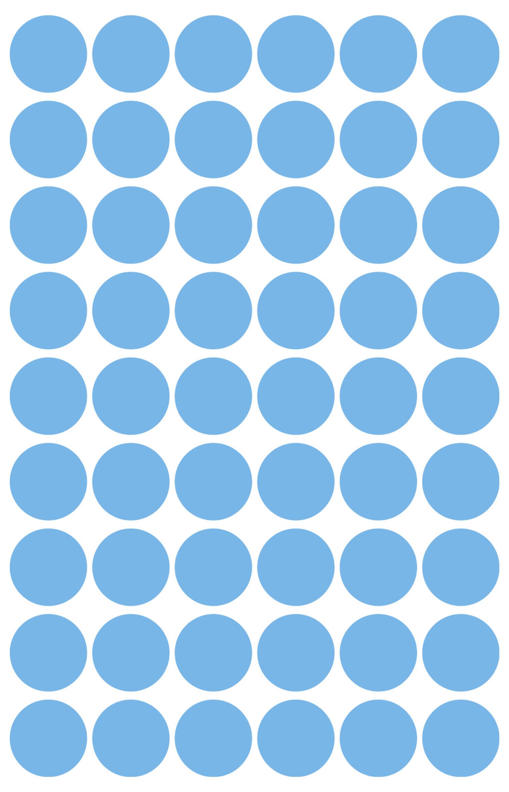 Een raster van 54 identieke blauwe cirkels gerangschikt in 9 rijen en 6 kolommen op een witte achtergrond.
