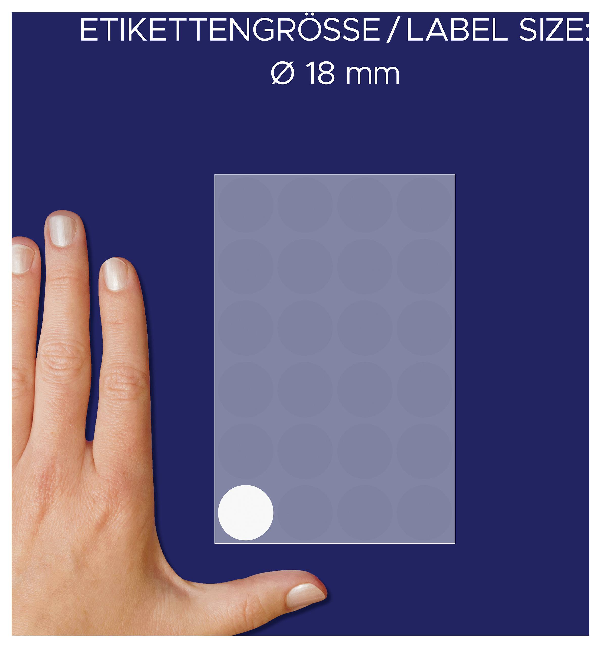 Hand naast vierkant etiket; Groottepecificiatie: 'ETIKETGROOTTE/LABEL SIZE Ø 18 mm' met witte stip als groottetowijzing.