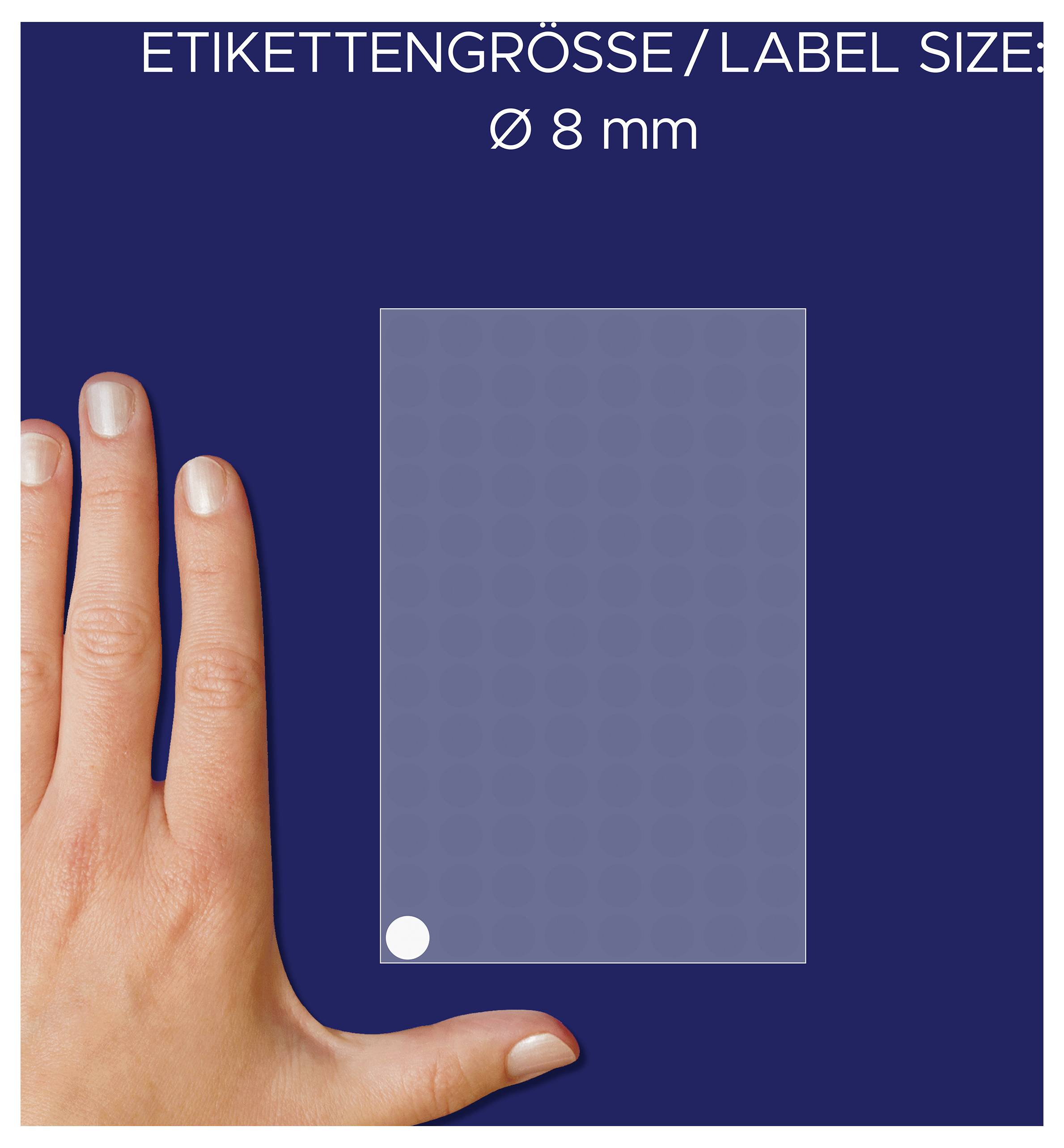 Grafiek van etiketgrootte: transparant etiket met Ø 8 mm, weergegeven naast een hand als groottevergelijking.