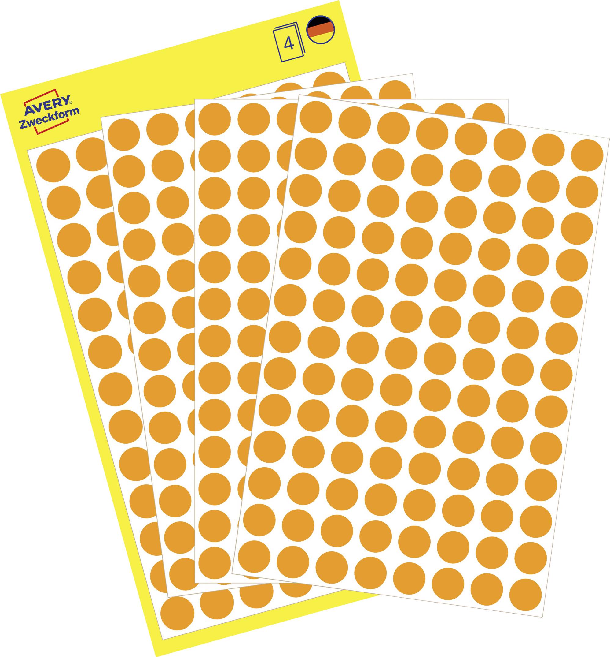 Avery Zweckform verpakking met vier vellen oranje ronde klevende etiketten met een geel omslag, uitgewaaerd weergegeven.