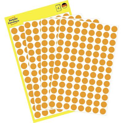 Avery Zweckform verpakking met vier vellen oranje ronde klevende etiketten met een geel omslag, uitgewaaerd weergegeven.