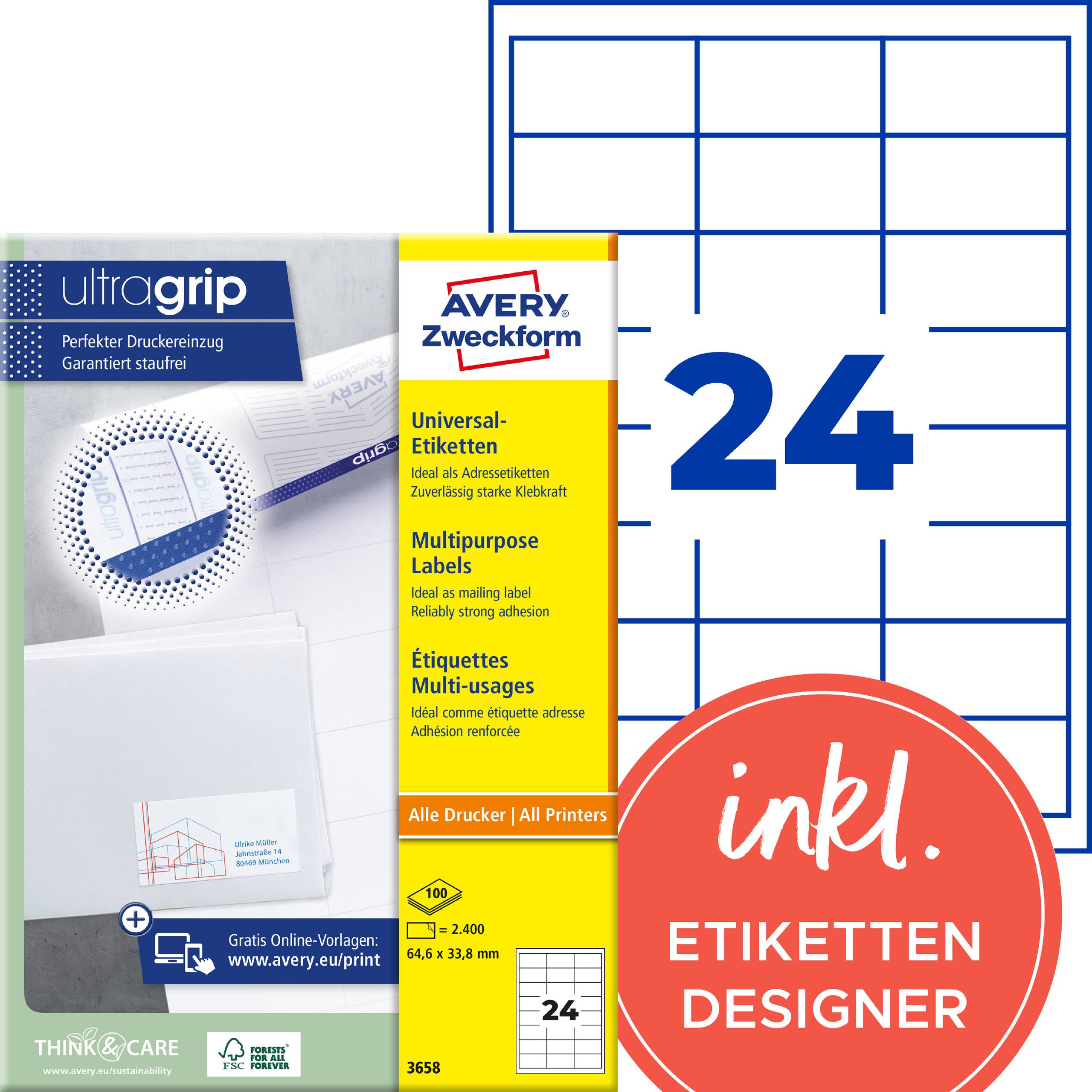 Verpakking voor Avery Zweckform universele etiketten, 24 etiketten per vel, met inbegrepen inkjet-ontwerper.