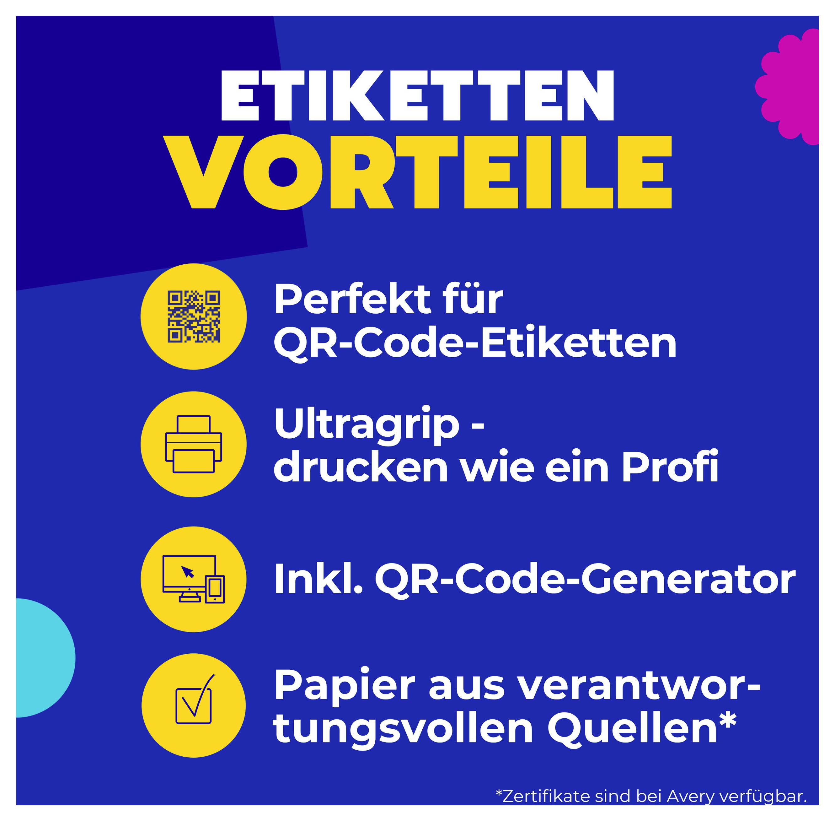 Reclamegrafiek met etikettenvoordelen in vier punten: perfect voor QR-code-etiketten, ultragrip-druk als een professional, incl. QR-code-generator, papier uit verantwoorde bronnen.