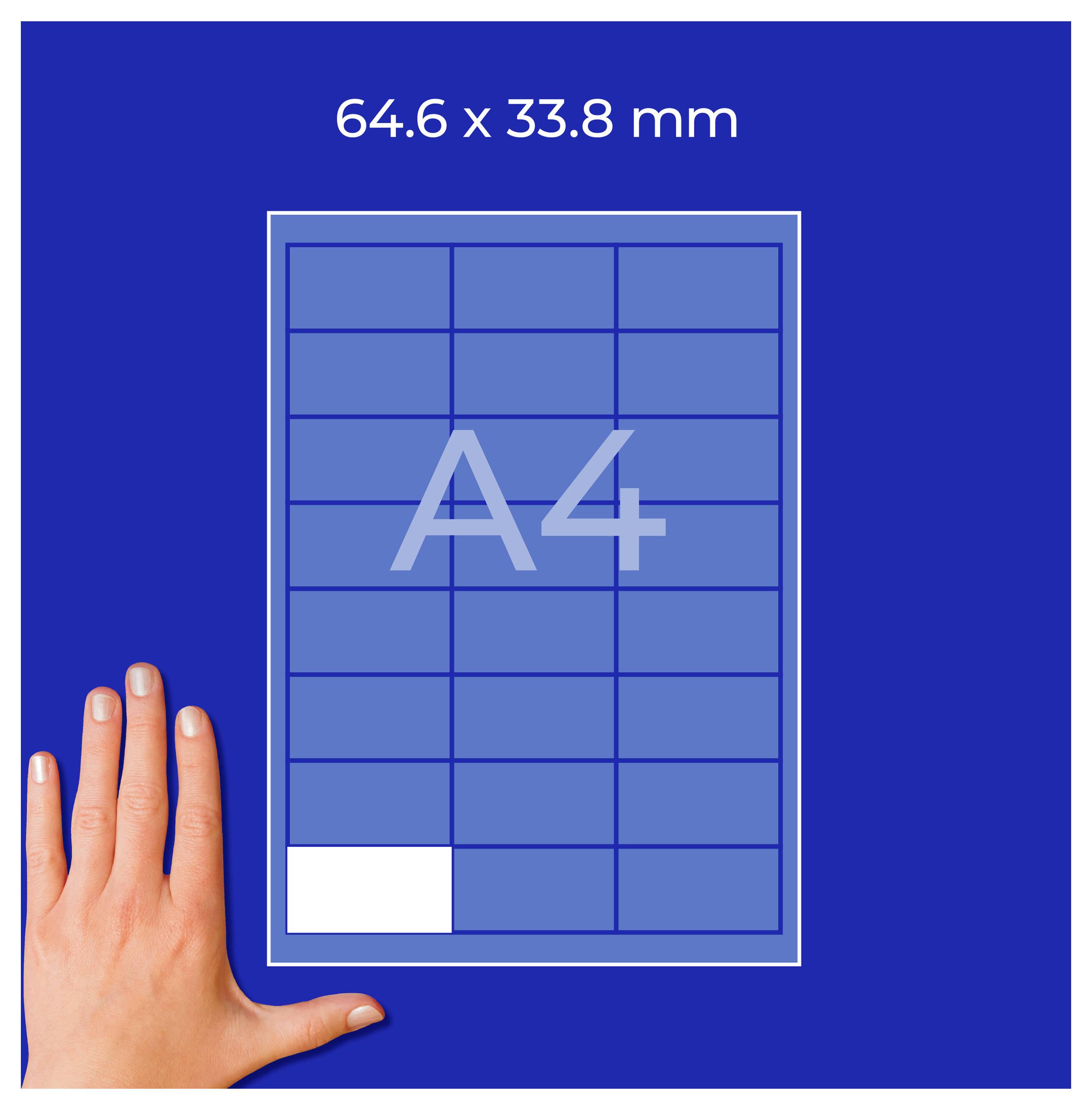 A4-sjabloon met afmetingen 64,6 x 33,8 mm; blauwe rasteroppervlak met 'A4' en hand als groottevergelijking.