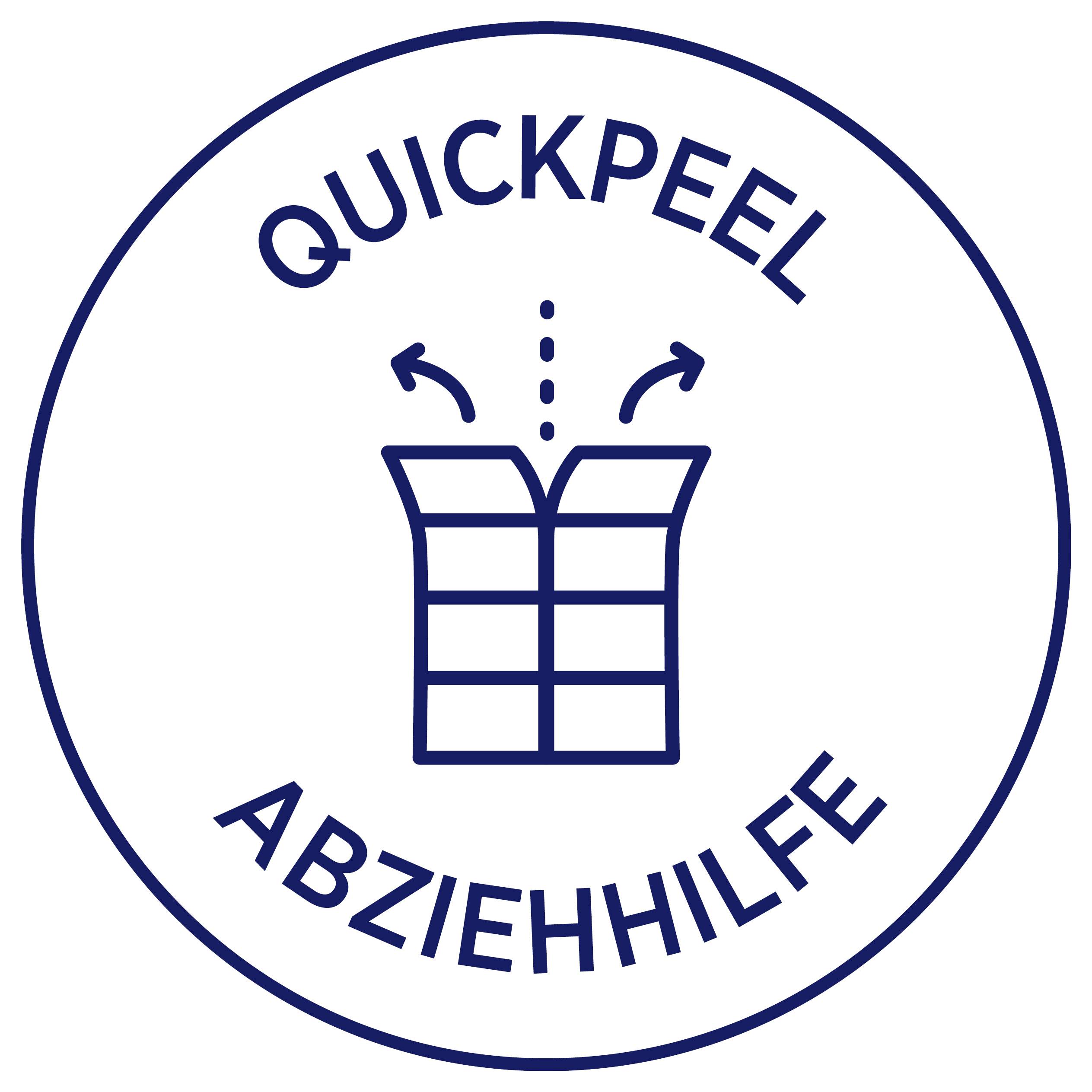 Rond logo met de opschrift 'QUICKPEEL AFHAALHULP' en een symbool voor gemakkelijk af te schillen verpakking.