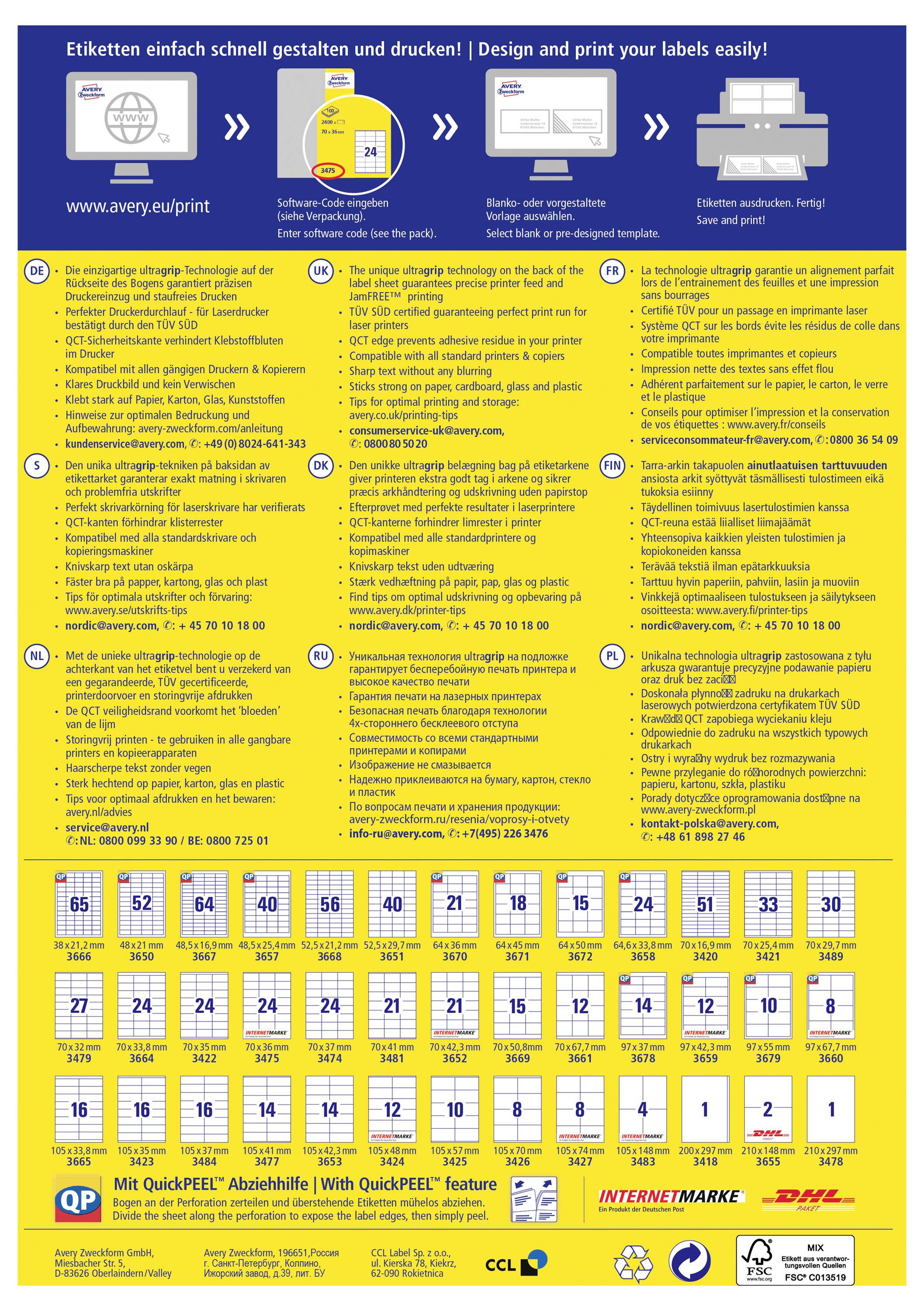 Productposter voor labelprintende, met een 3-stappenprocès: maak labels op een computer, voeg een vel in een printer in, en druk vervolgens afgewerkte labels af.