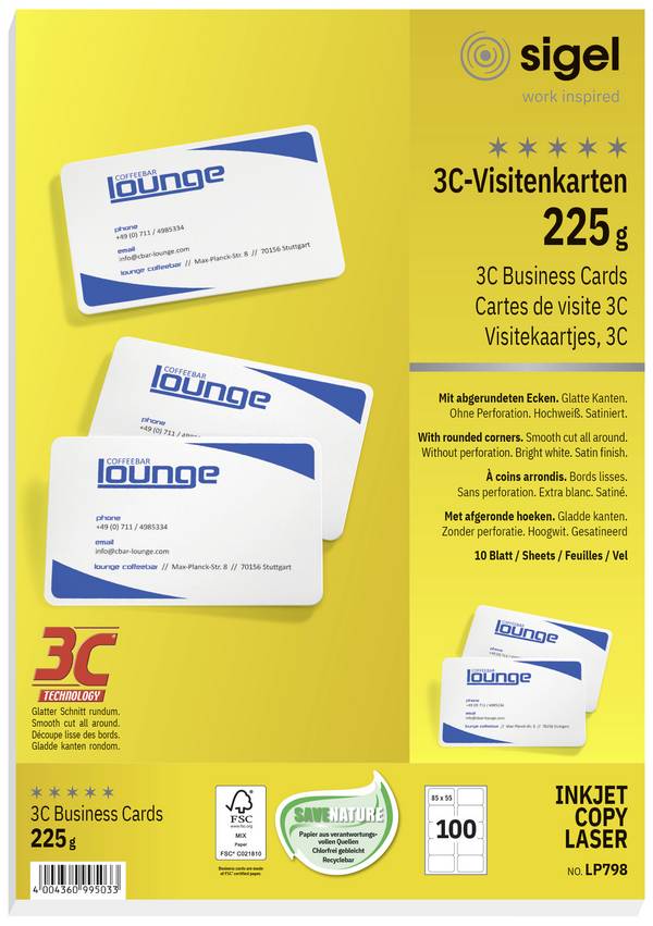 Sigel LP798 Bedrukbare visitekaarten, gladde kant 85 x 55 mm Helderwit 100 stuk(s) Papierformaat: DIN A4