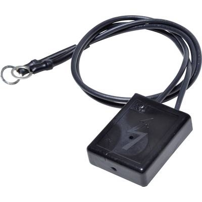 Zwart elektronisch onderdeel met een kabel en een metalen oog. Behuizing met bliksemsymbool. Apparaat voor elektrische verbinding.