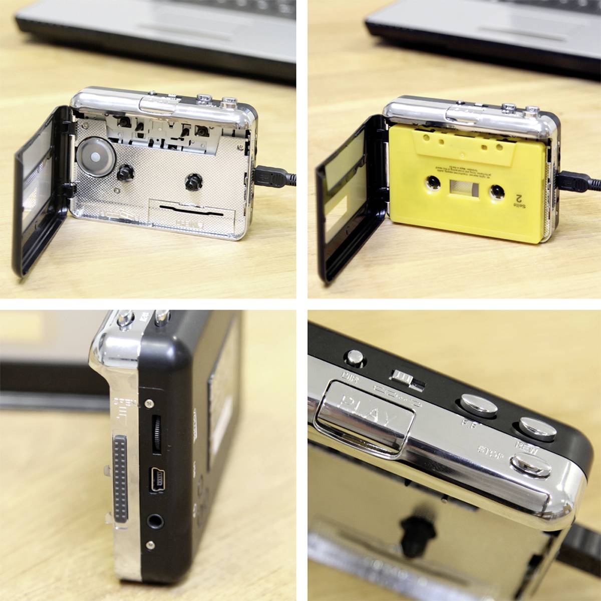 Een zilveren cassetterecorder wordt vanuit verschillende perspectieven getoond. Een geel cassettebandjes is in een afbeelding ingevoegd.