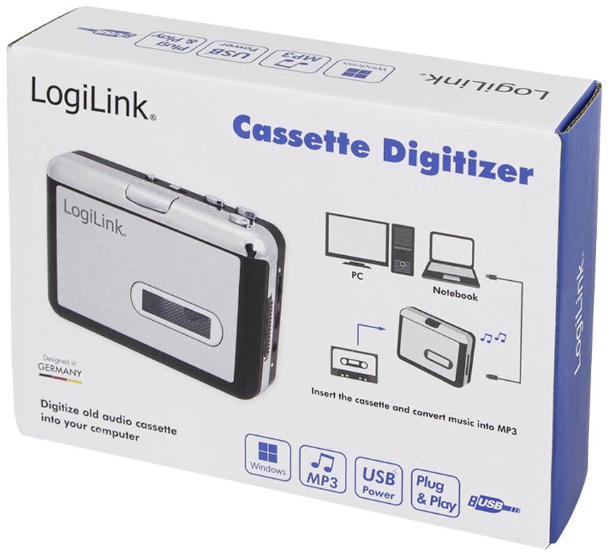 Cassette-digitaliseringsapparaat van LogiLink: Apparaat voor het converteren van cassettes naar MP3, compatibel met pc en laptop. USB-aansluiting.