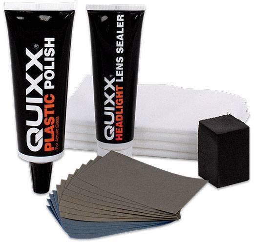 Reparatieset voor autokoplampen: Bevat Quixx polish en verzegeling, schuurpapier, doeken en spons.