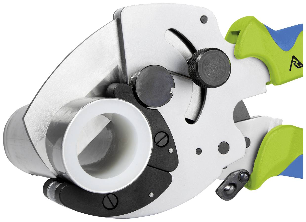 Metalen buizensnijder met groene handgreep, geschikt voor het nauwkeurig snijden van buizen bij installatiewerkzaamheden.