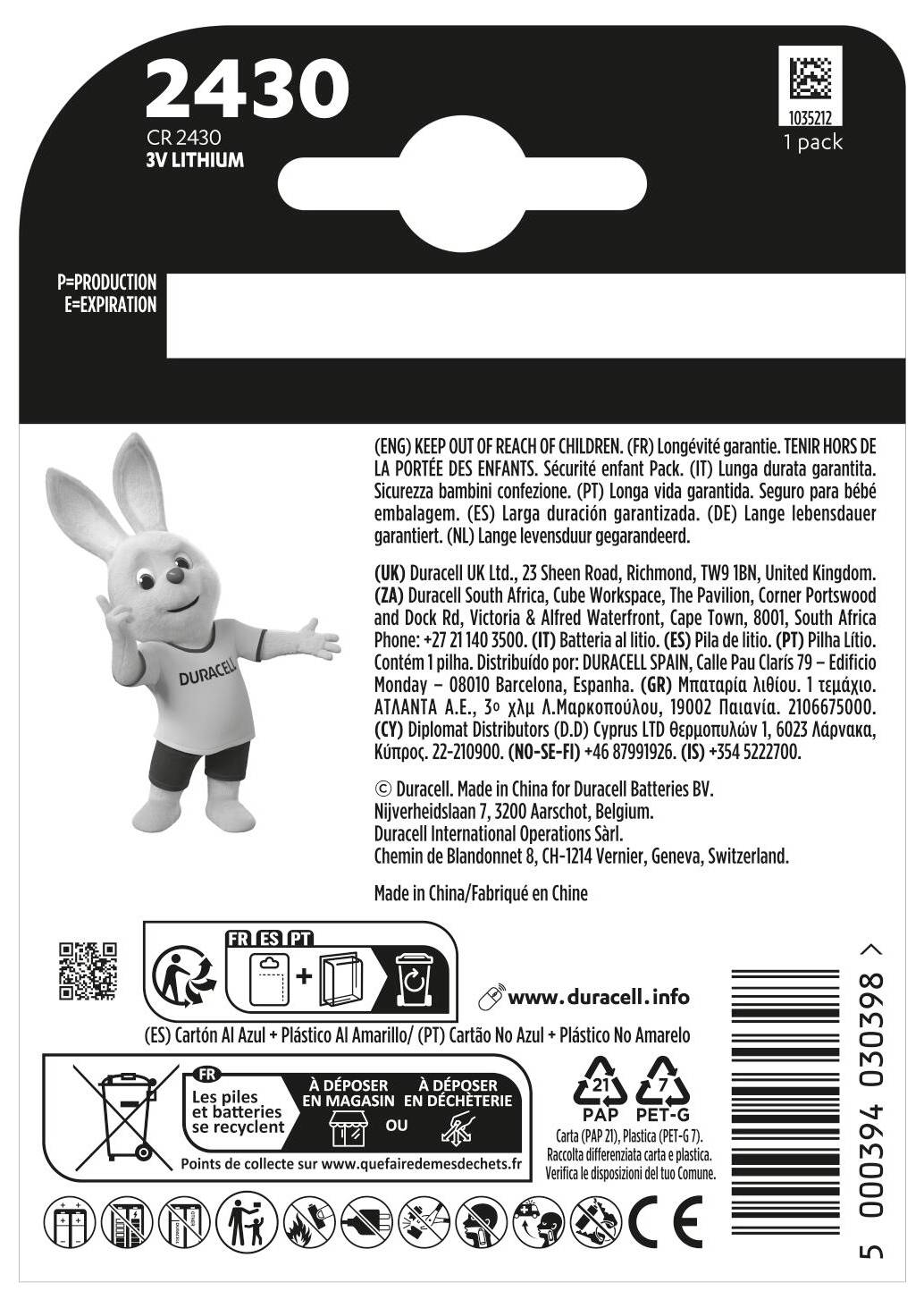 'Duracell' gemerkt 3V lithiumbatterij verpakking met veiligheidsvoorschriften en een cartoon konijnmascotte aan de linkerkant. Bevat product- en recyclinginformatie.
