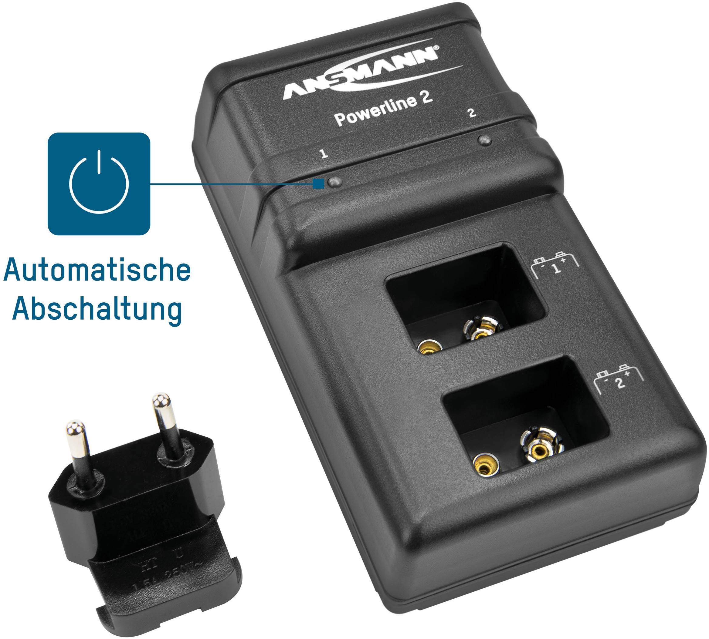 Oplader 'Ansmann Powerline 2' met twee laadposities en netadapter, uitgerust met automatische uitschakeling voor veiligheid.