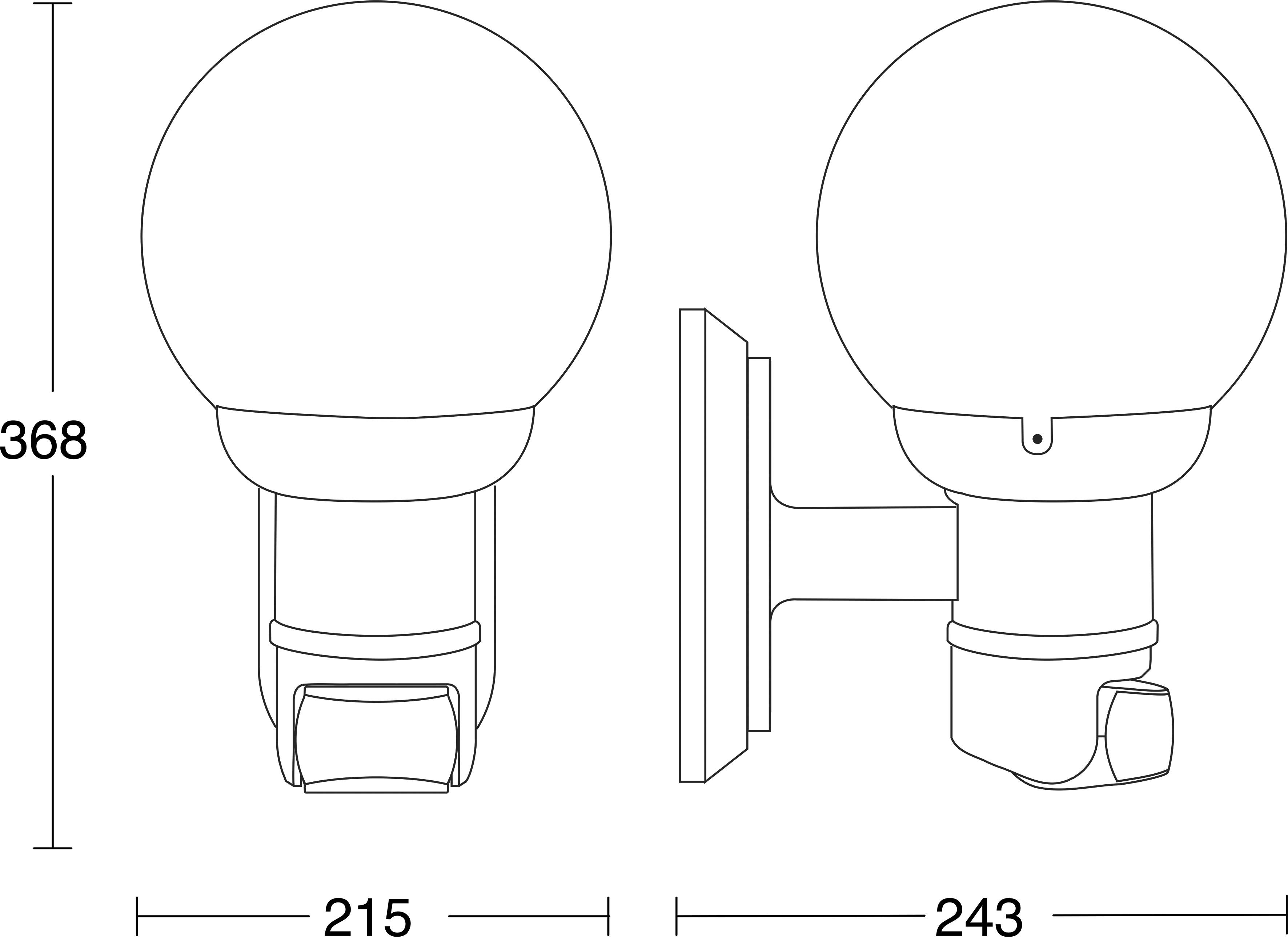 Technische lijntekening van een aan de muur gemonteerde lichtarmatuur met een ronde bolvormige kap, weergegeven in voor- en zijanzicht, met afmetingen 368 hoog, 215 breed en 243 diep.
