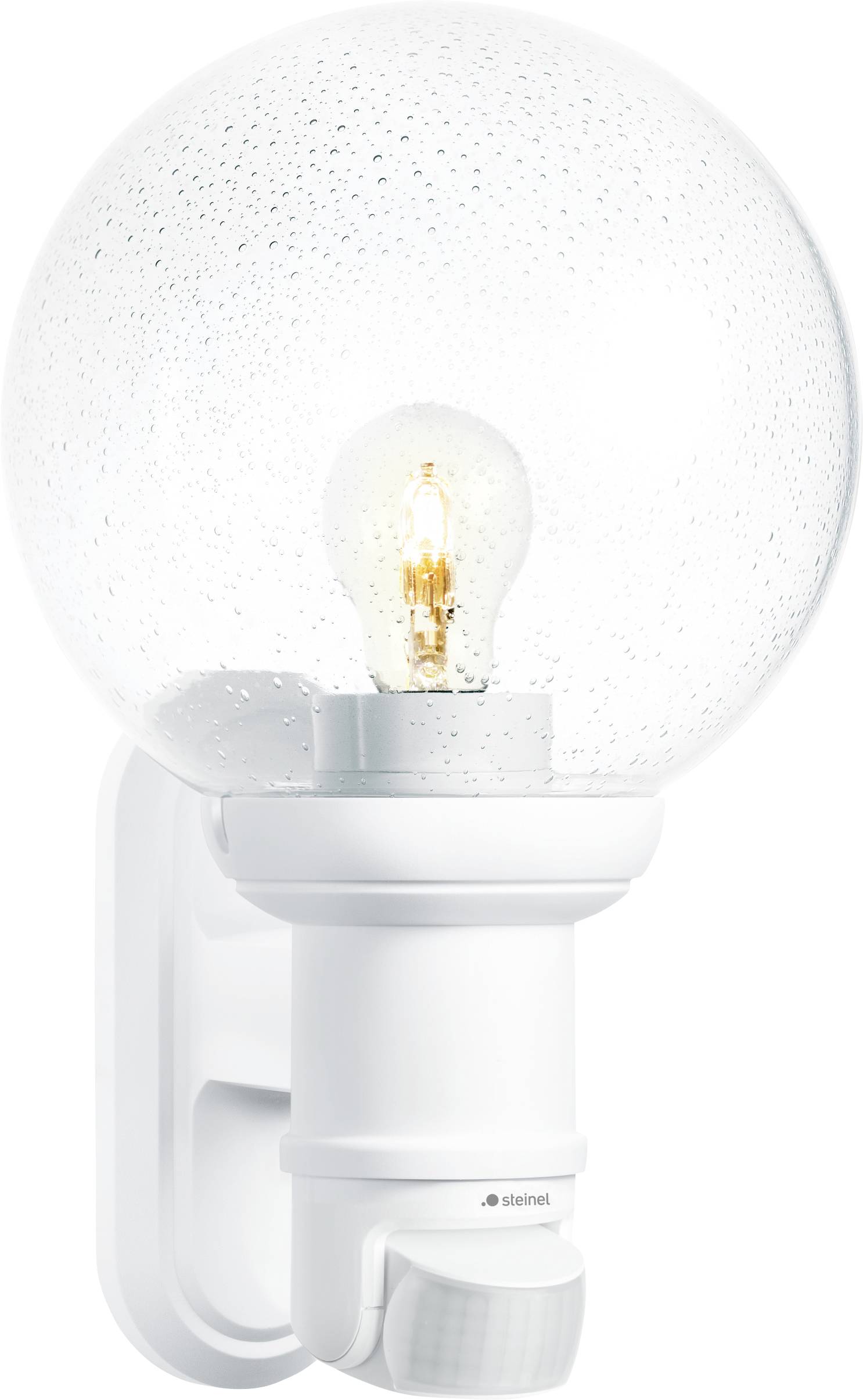 Witte buitenwandlamp met bewegingsmelder en doorzichtige bolkap met zichtbare gloeilamp