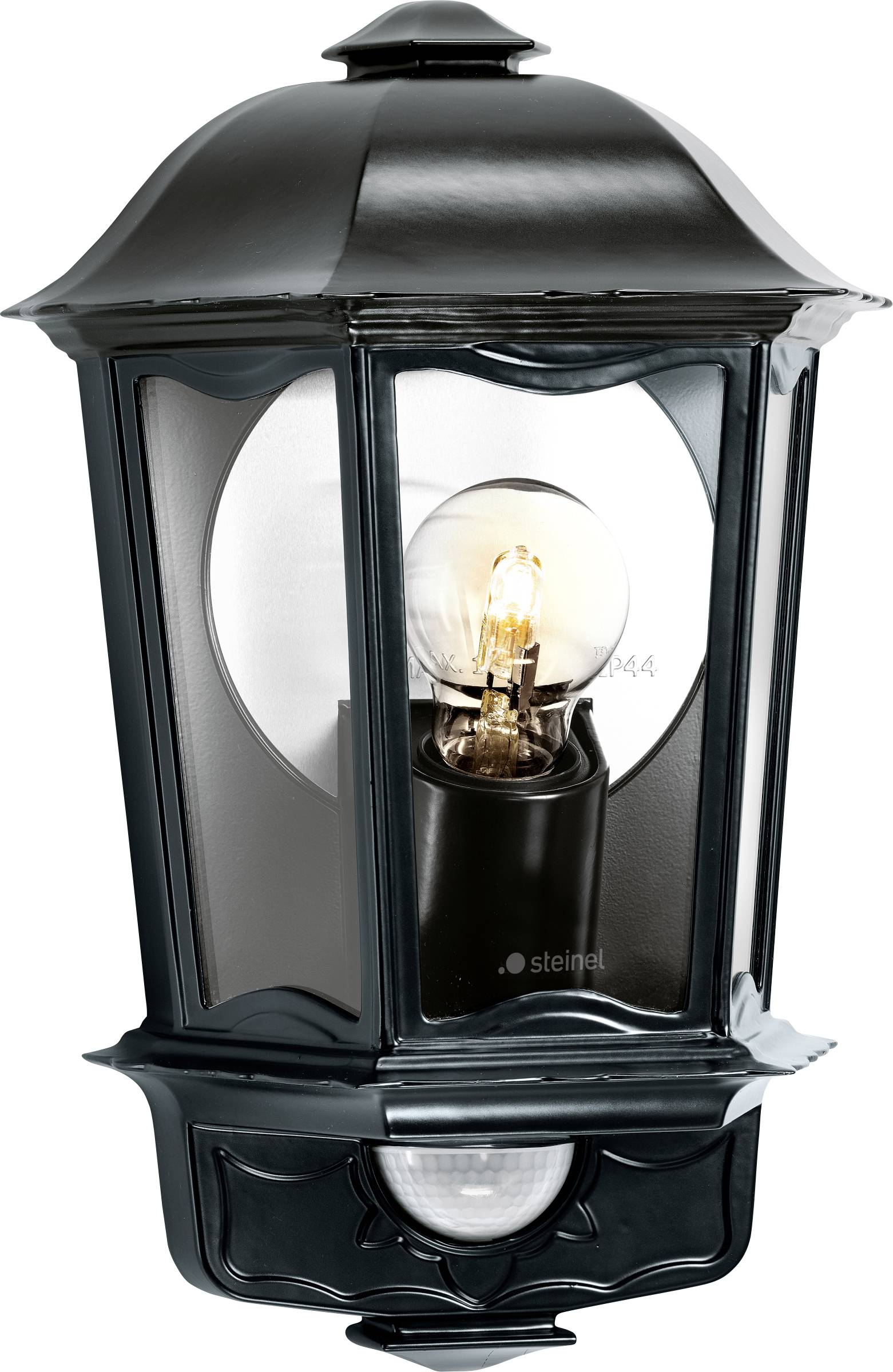 Zwarte buitenmuurlantaarn met glaspanelen en een zichtbare gloeilamp erin.