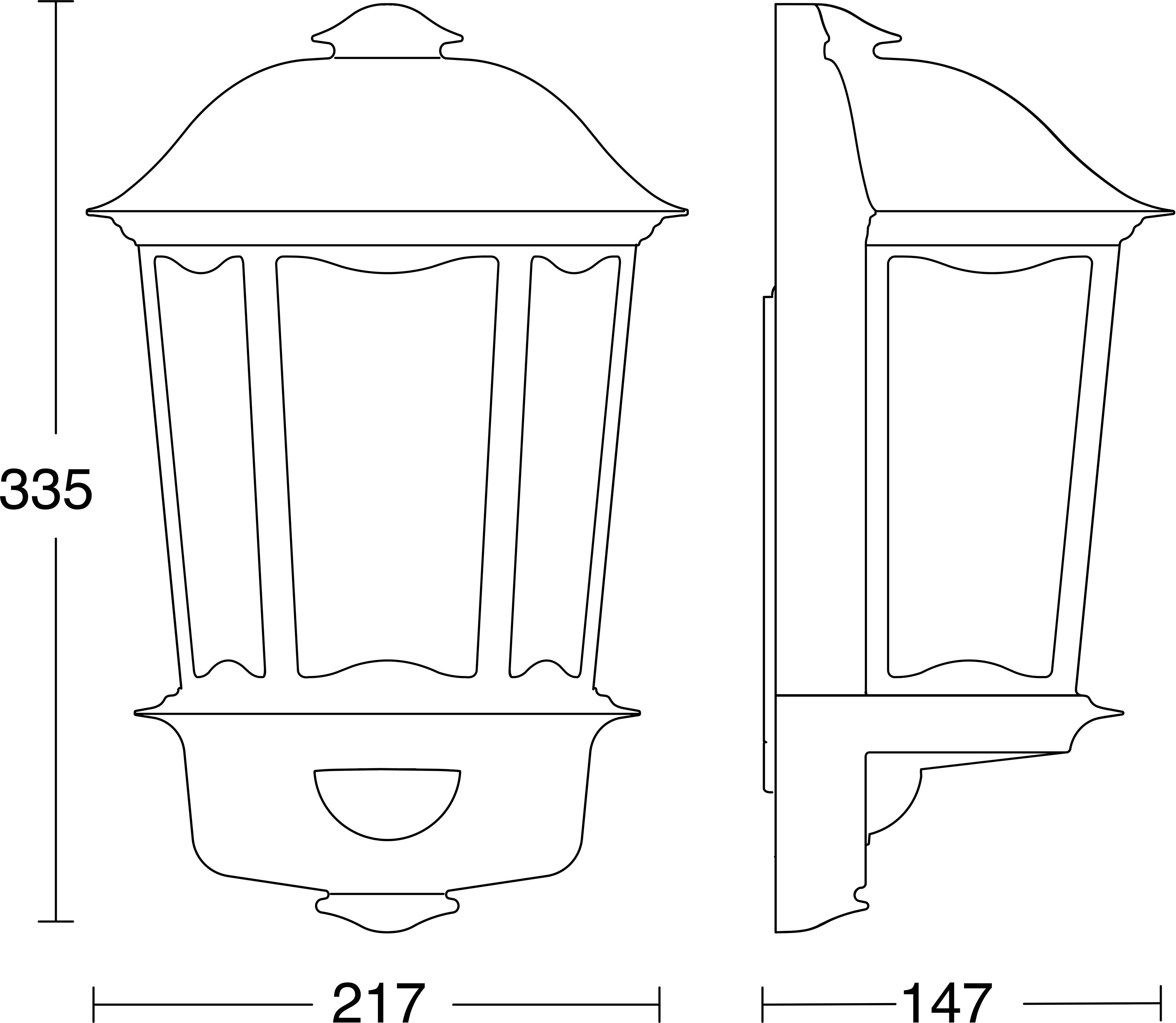 Technische lijntekening van een aan de muur gemonteerde lantaarnlichtfixture, weergegeven in voor- en zijanzicht met afmetingen van 335 mm hoog, 217 mm breed en 147 mm diep.