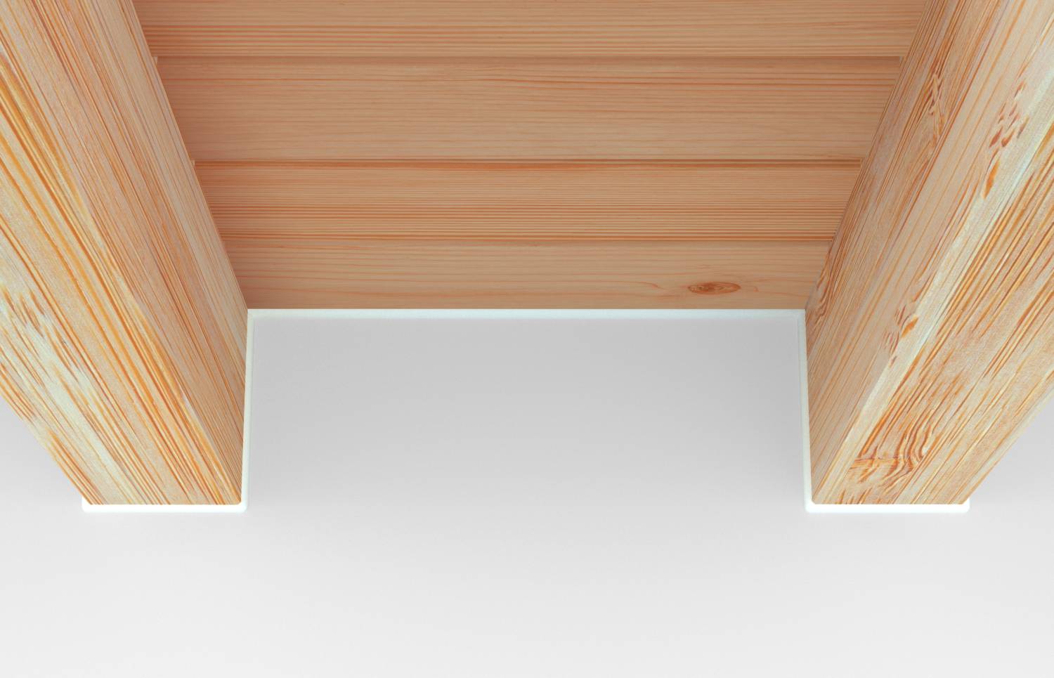 Close-up van de onderkant van een licht houten plank of tafel tegen een effen witte achtergrond, met twee verticale steunen en een horizontaal bovenpaneel zichtbaar.