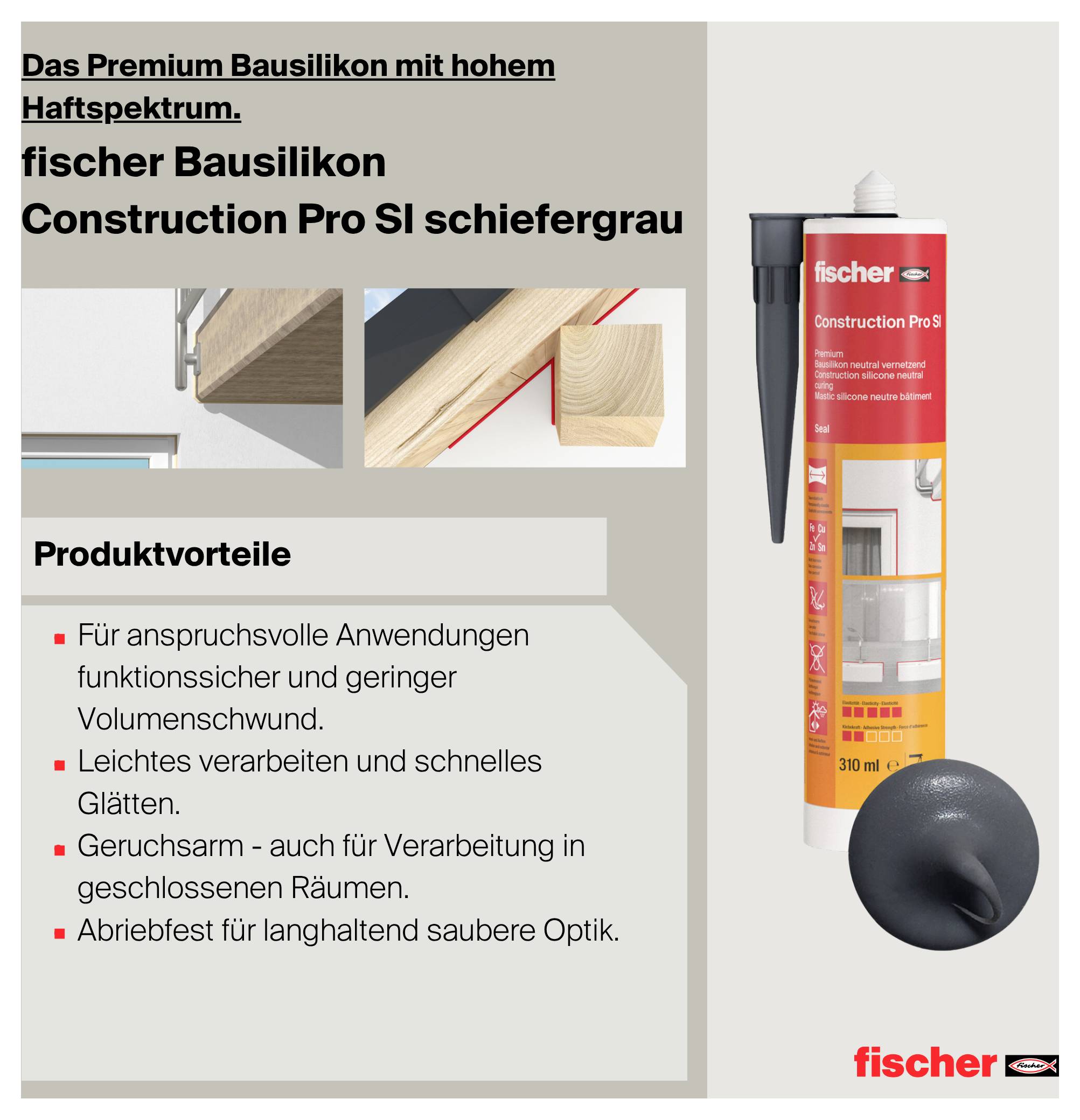 Advertentieafbeelding voor 'fischer Construction Pro SI leisteengrijs', een premium-bouwsilicone met een breed hechtingsspectrum en productvoordelen.