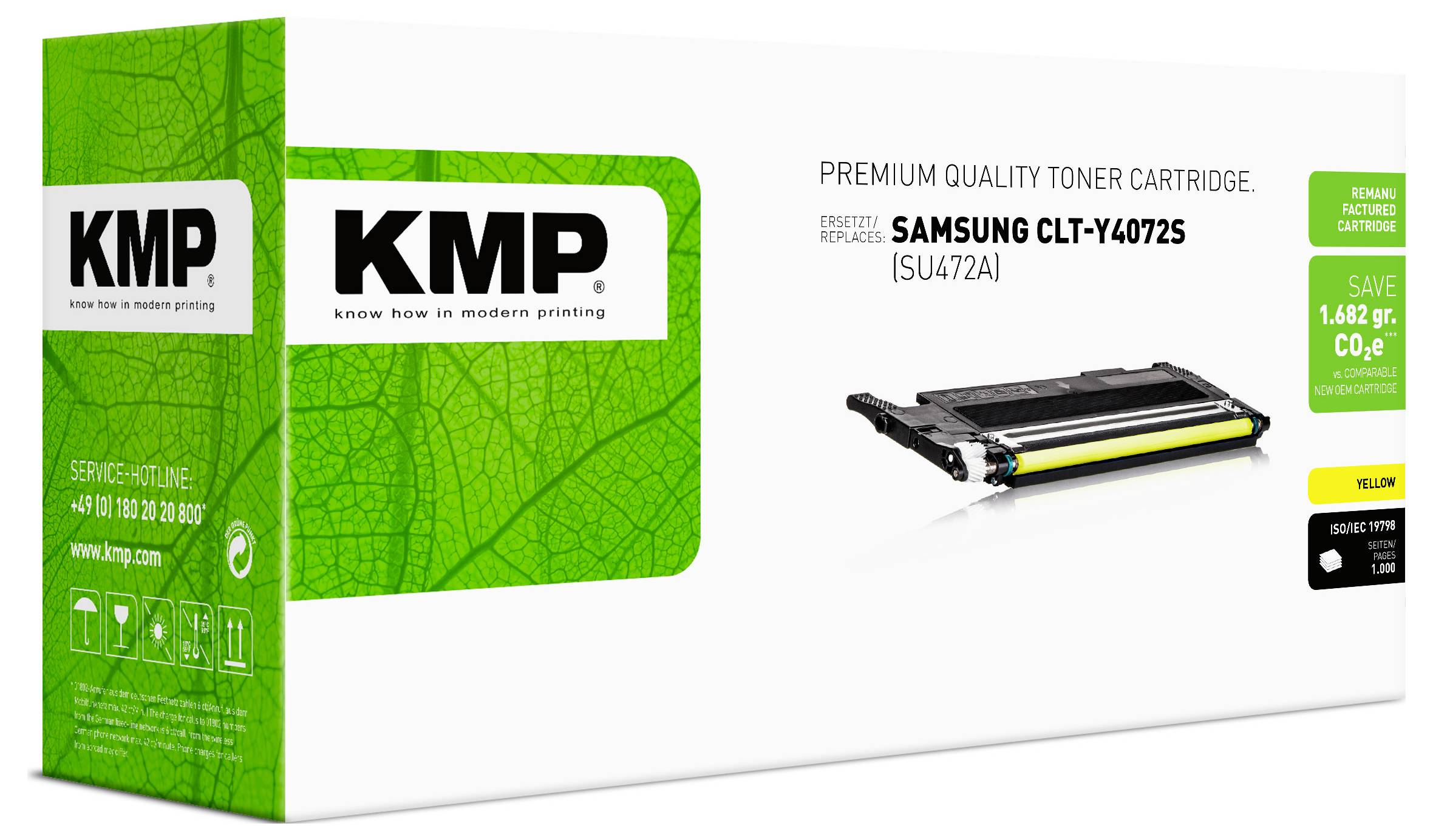 KMP premium kwaliteit tonercartridge doos voor Samsung CLT-Y4072S, getoond met een gele cartridgeafbeelding en groene verpakking.