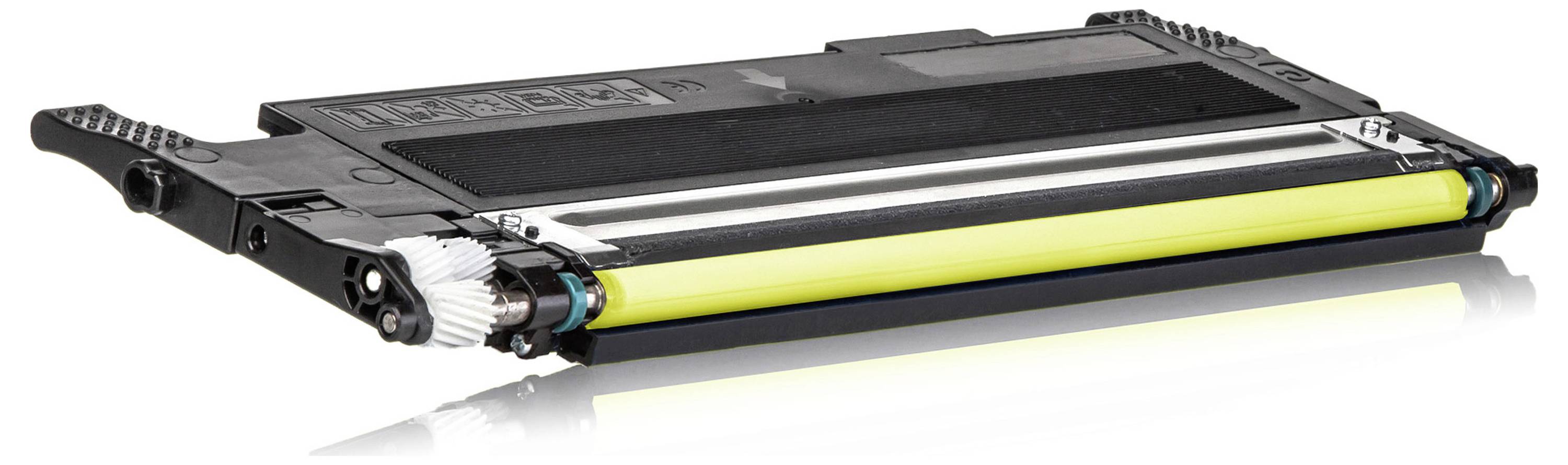 Een zwarte tonercartridge met een felgeel fotoleiding, weergegeven in zijaanzicht op een witte achtergrond.