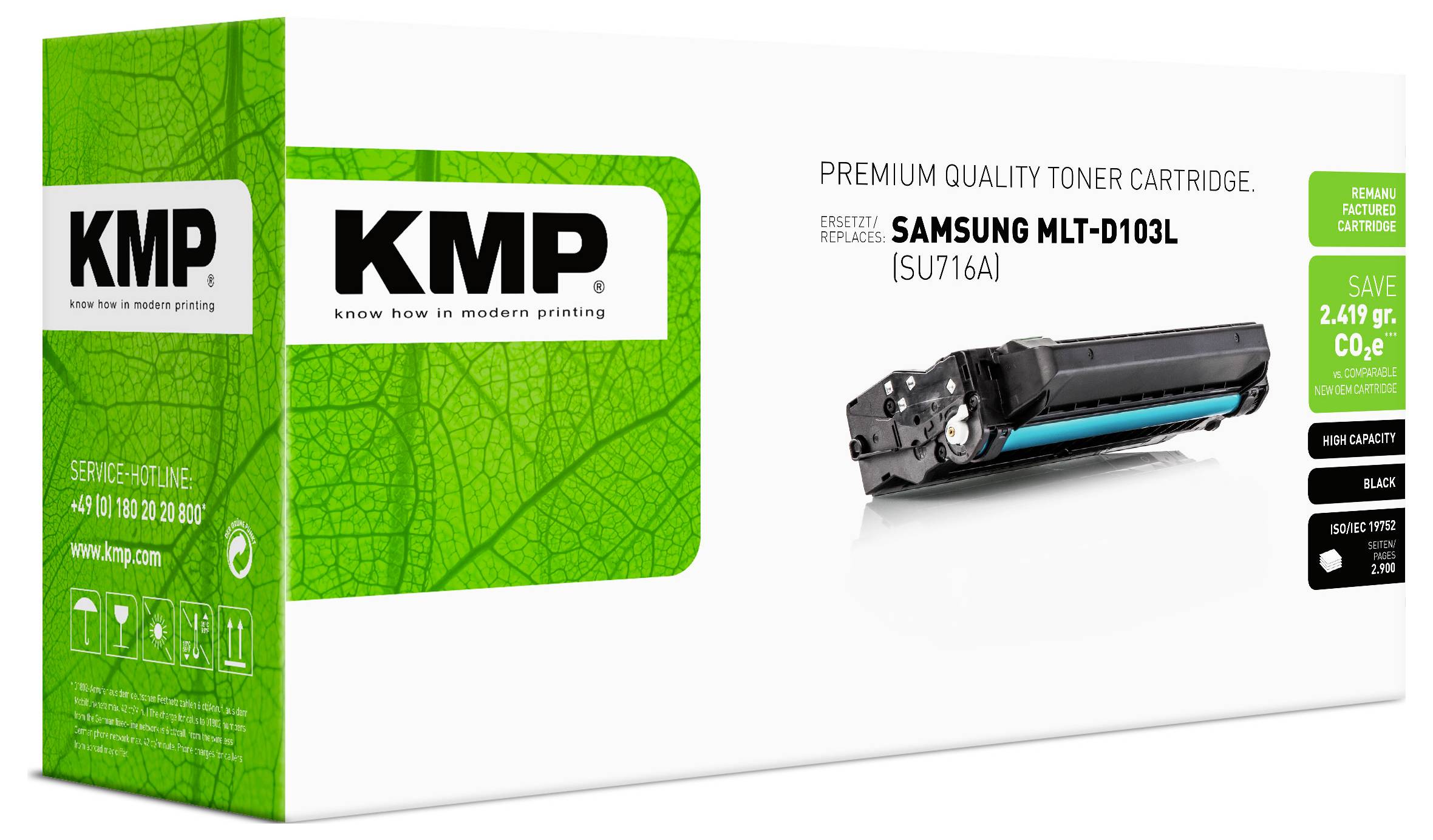 KMP premium tonercartridgepakket voor Samsung MLTD103L, weergegeven met zwart cartridgeafbeelding en groene eco-spaarkaarten.