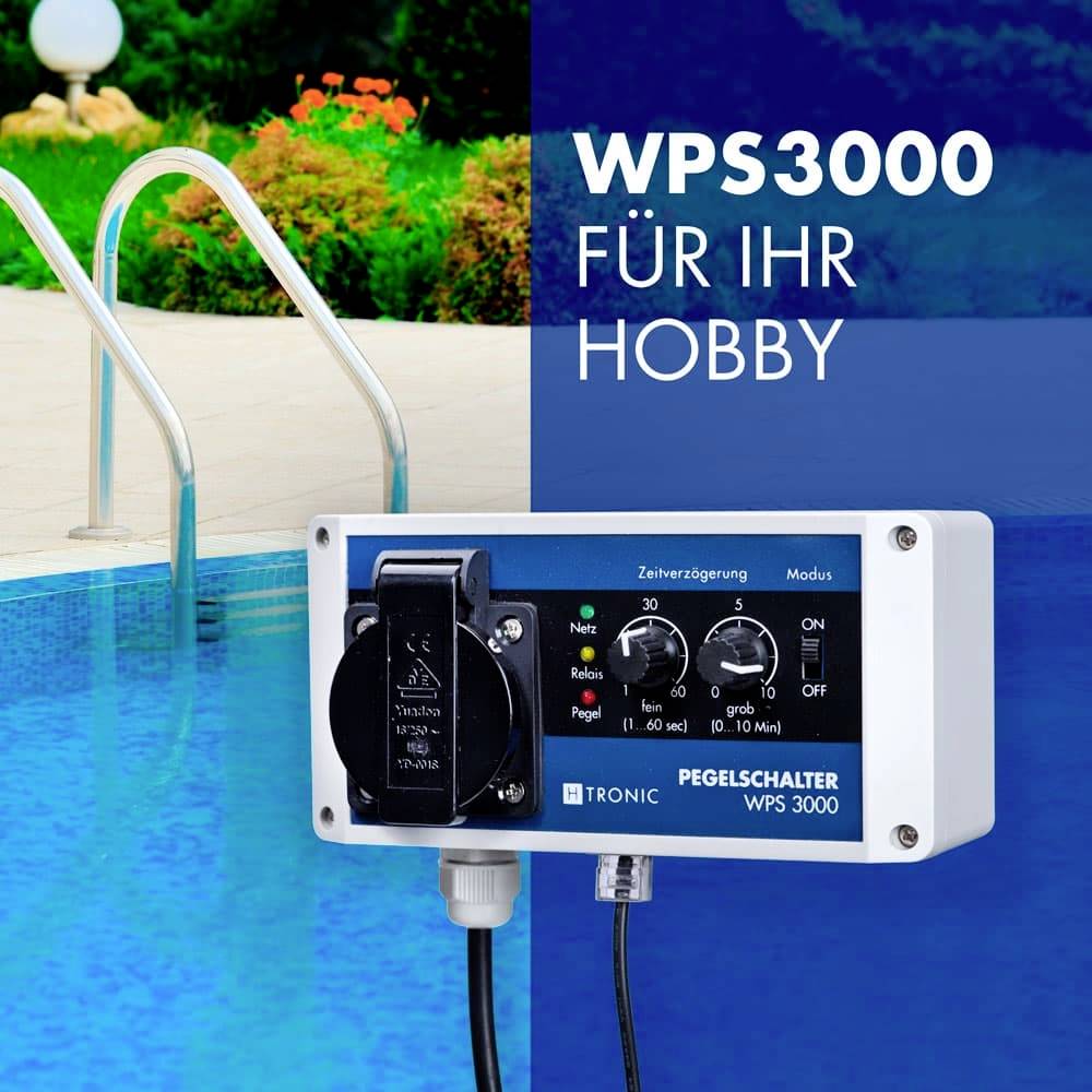 Een zwembad met trap. Een niveauschakelapparaat van 'Tronic' met de tekst 'WPS3000 voor uw hobby'. Apparaat toont bedieningsknoppen en kabels.