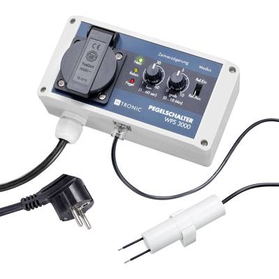 'Pegelschalter WPS 3000' besturingseenheid met draaiknoppen en indicatielampjes, verbonden met een dompelsensor en een stroomkabel.