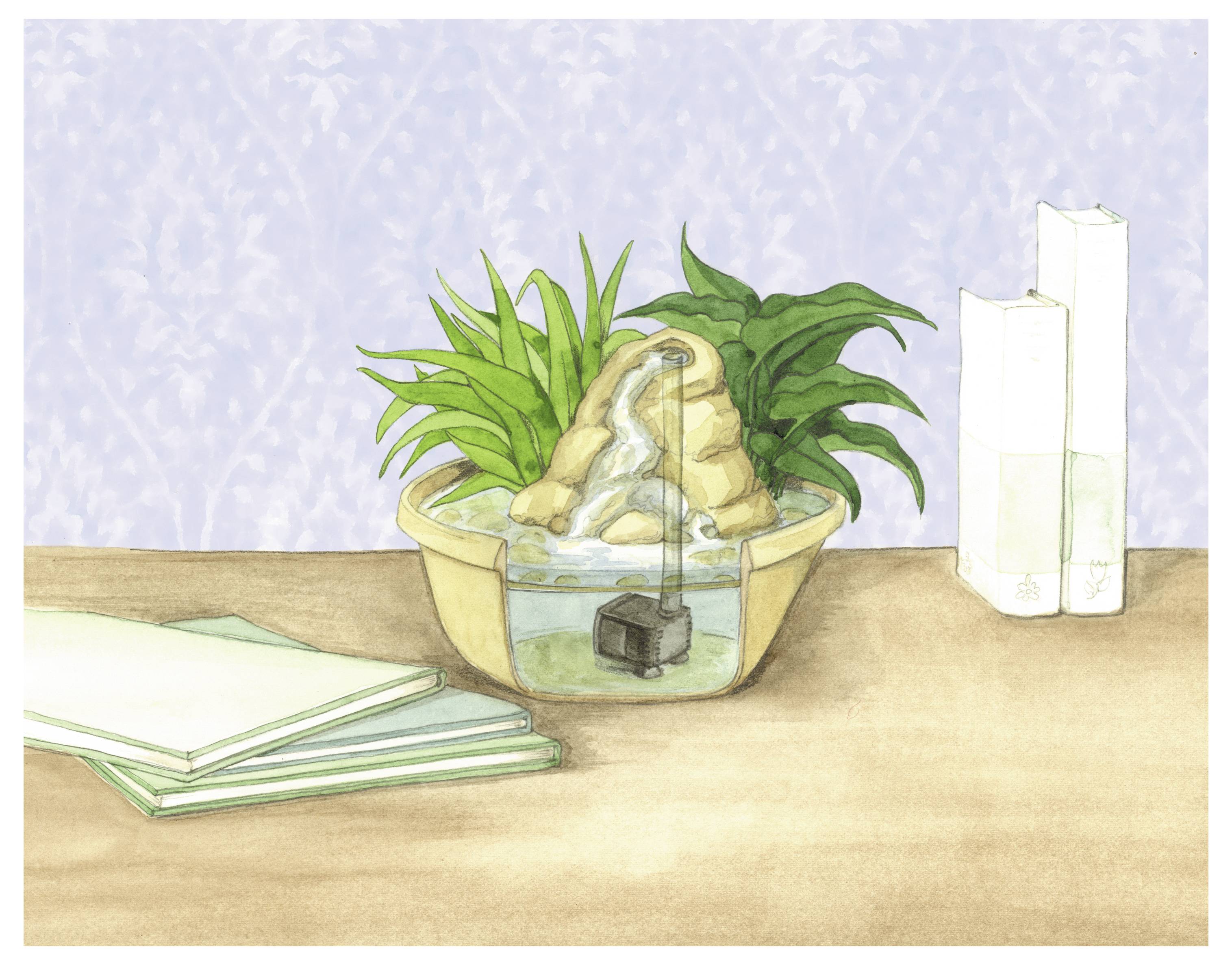 Een kleine tafelwatertuin met rotsen en groene planten staat op een houten oppervlak naast gesloten boeken en twee boekensteun.