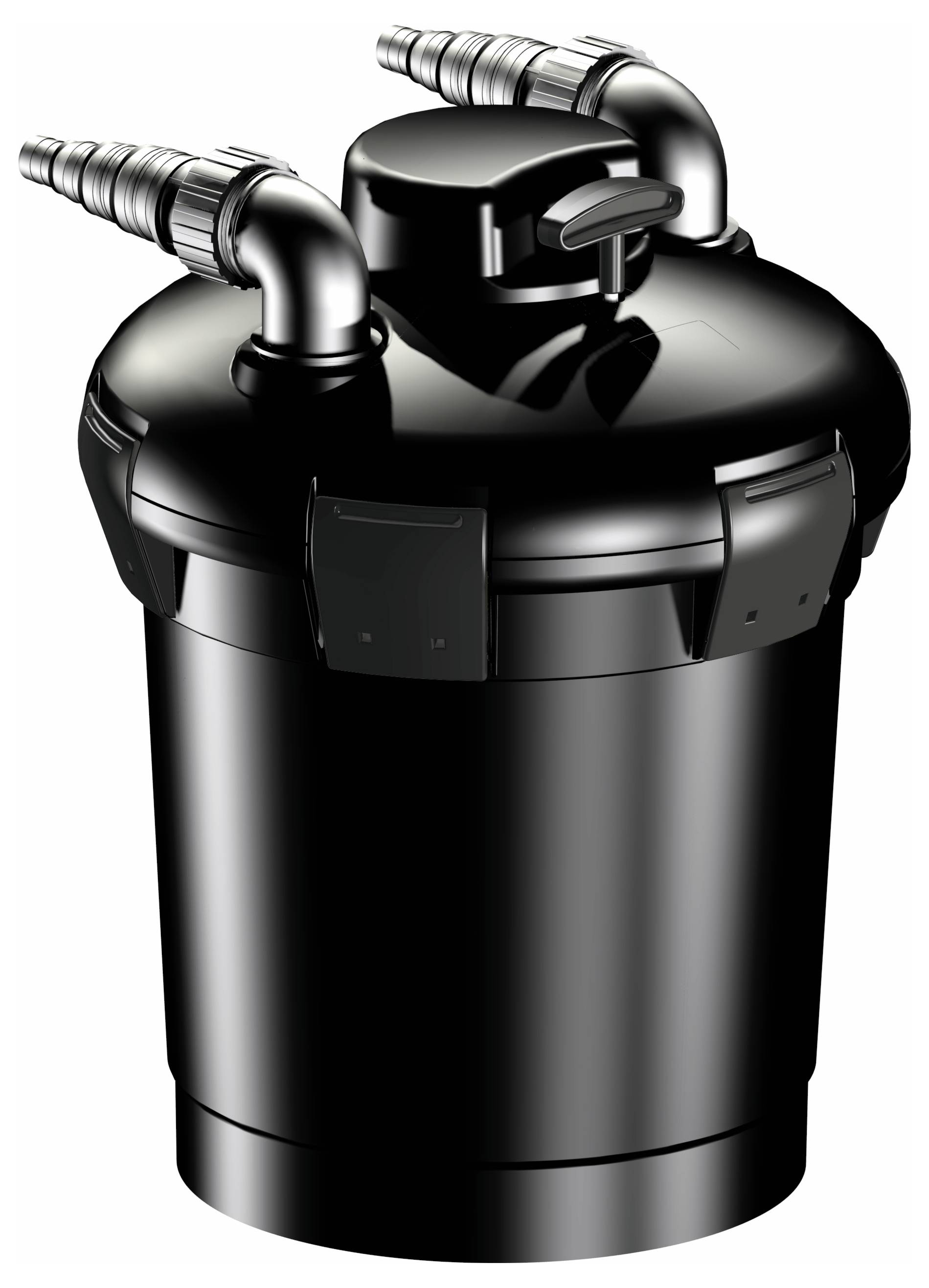 Een zwarte, cilindervorming waterfilter, met twee inlaat-/uitlaatbuizen aan de bovenkant en een vergrendelingslip aan de zijkant, ontworpen voor een filtersysteem.