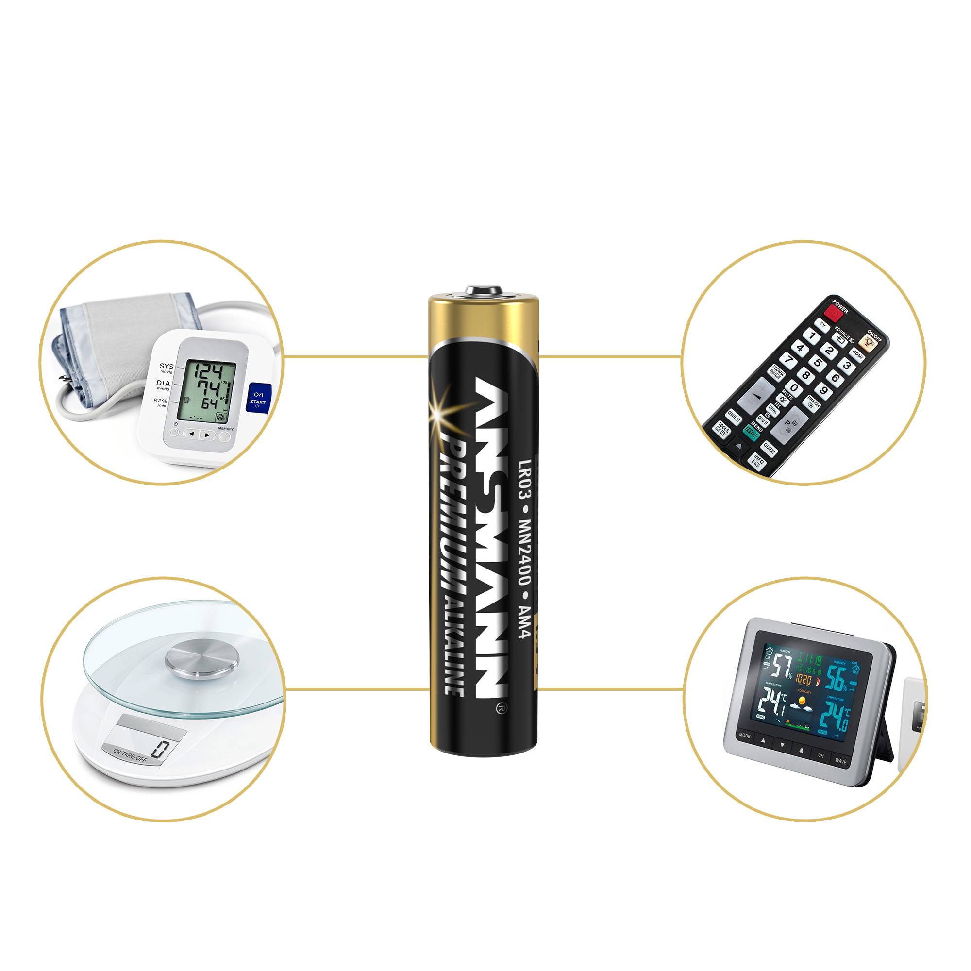 Batterij met opschrift 'Alkaline Micro AAA 1.5V'. Ernaast een label voor kwaliteitscontrole 'Prestatie, Afwerking'.