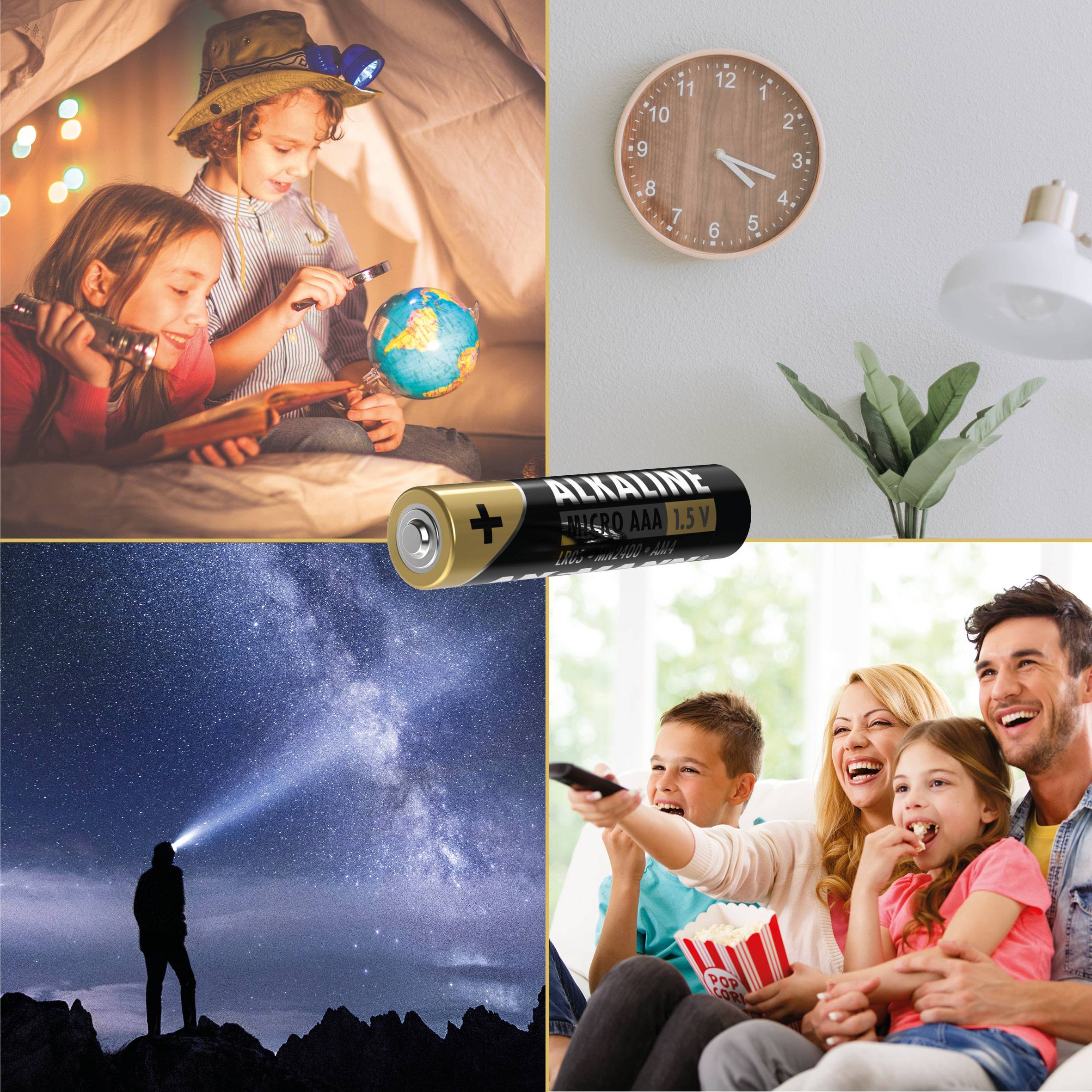 Linksboven: Twee kinderen lezen kaarten bij kaarslicht. Rechts: Klok en plant aan de muur. Linksonder: Persoon onder een sterrenhemel. Rechtsonder: Familie kijkt gelukkig naar een film.