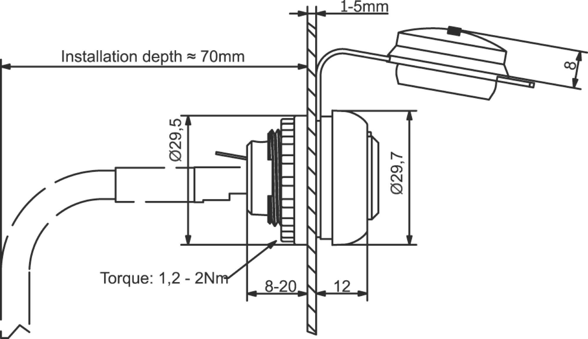 Technische tekening van een elektronisch onderdeel. Toont afmetingen zoals 'Inbouwdiepte ≈ 70 mm' en 'Koppel: 1,2–2 Nm'.