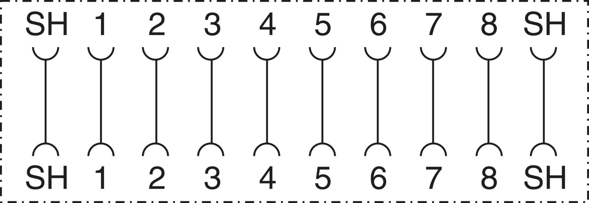 Diagram van een breipatroon met acht steken per rij. Rijen zijn gelabeld met 'SH 1 2 3 4 5 6 7 8 SH'. Symbolen tonen steekverbindingen.