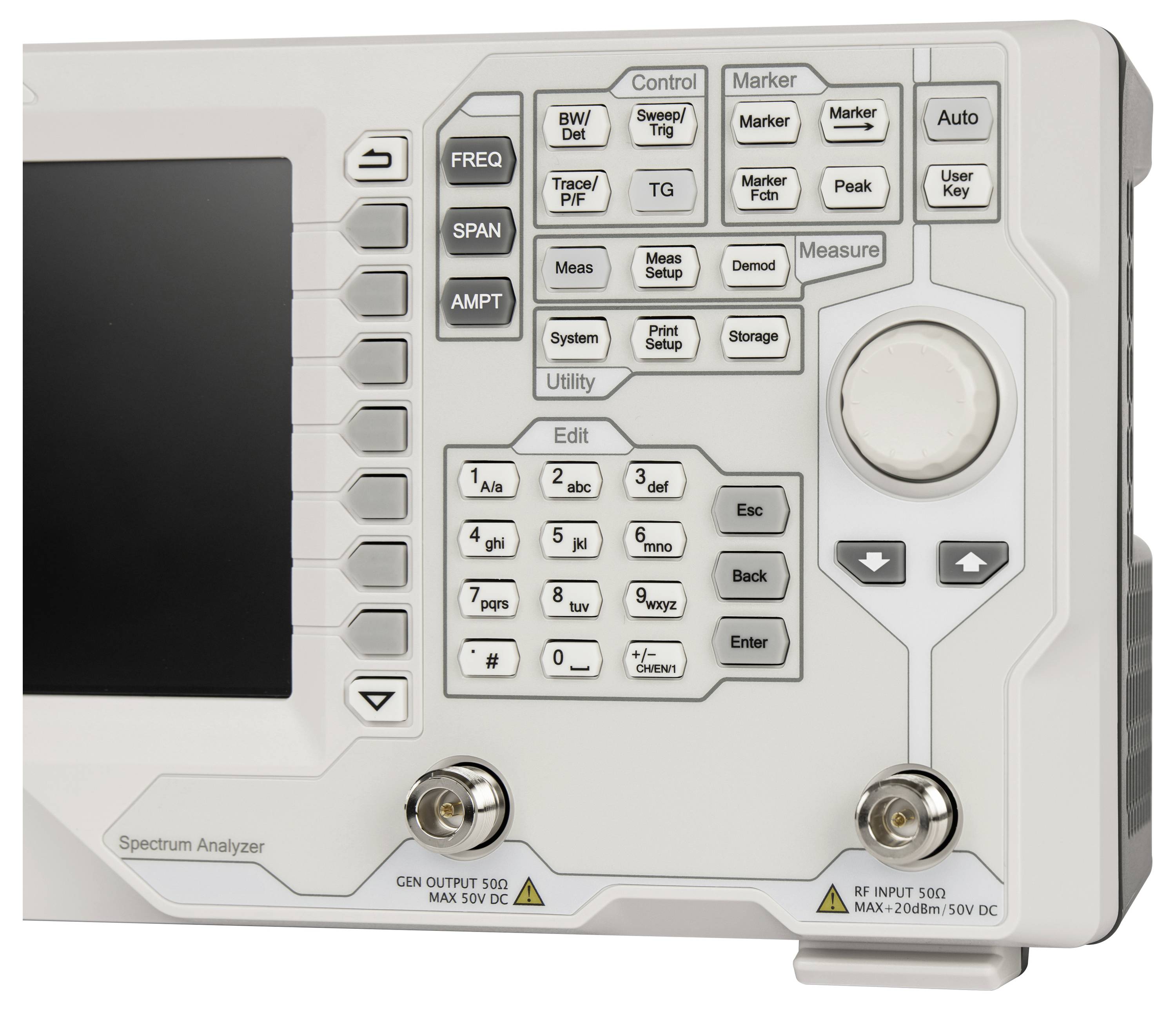Spectrumanalyser-apparaat met display en talrijke functietoetsen voor de analyse van frequentie en amplitude. Belangrijkste bedieningselementen zijn genummerd en gelabeld.