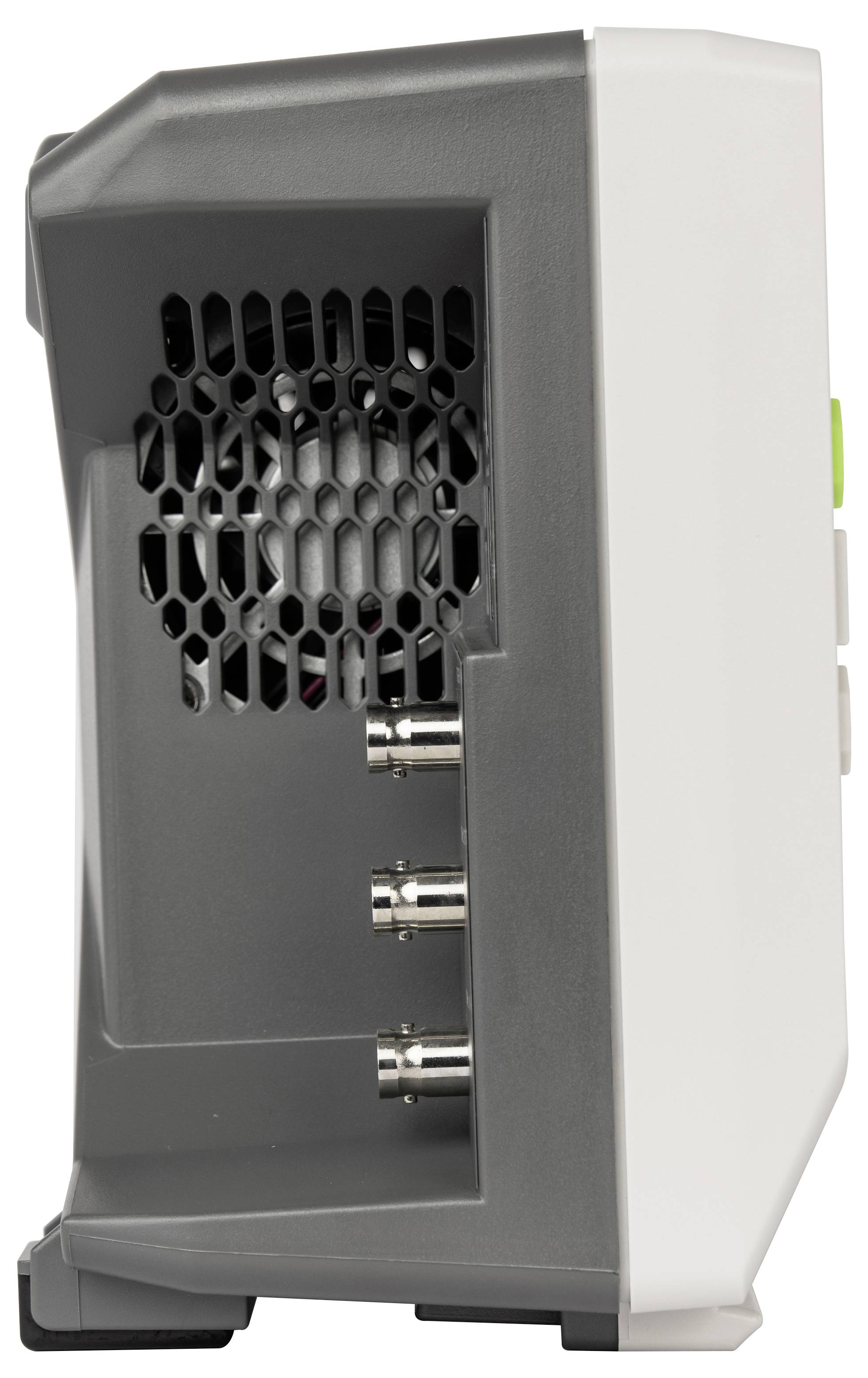 Een grijs en wit technisch apparaat met ventilatierooster en drie coaxiale aansluitingen aan de zijkant.
