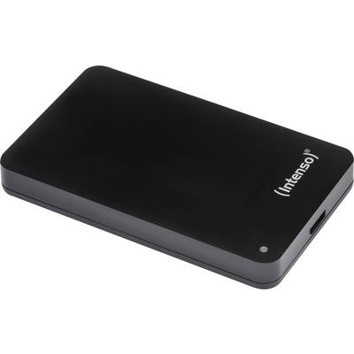 Een zwarte rechthoekige externe harde schijf met het merk 'Intenso' op het oppervlak, voorzien van een klein indicatorlampje en USB-poort.