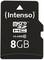 Zwarte MicroSD-kaart van het merk 'Intenso' met 8GB opslagcapaciteit en Class 10 snelheid, geschikt voor gegevensoverdracht.
