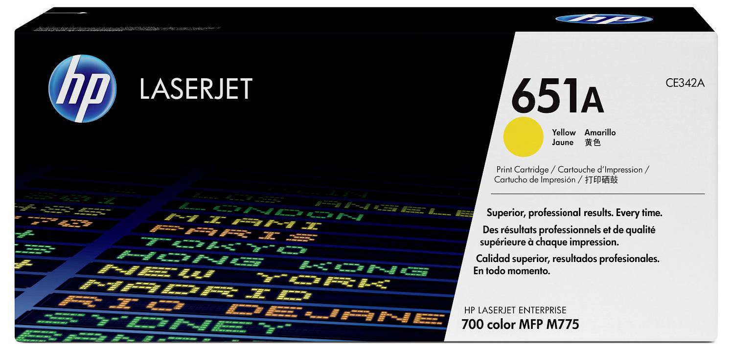 HP LaserJet 651A gele tonercartridgedoos, voor HP LaserJet-printers, gelabeld CE342A en '700 color MFP M775'.