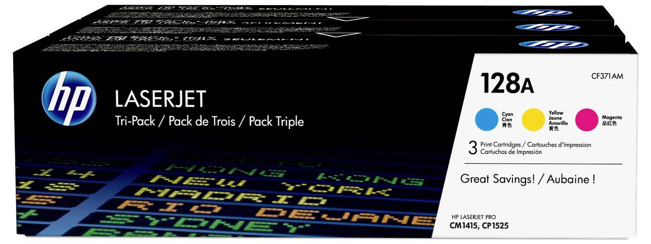 HP LaserJet 128A tri-pack tonercartridgedoos met cyaan, geel en magenta cartridges, geschikt voor LaserJet Pro printers.