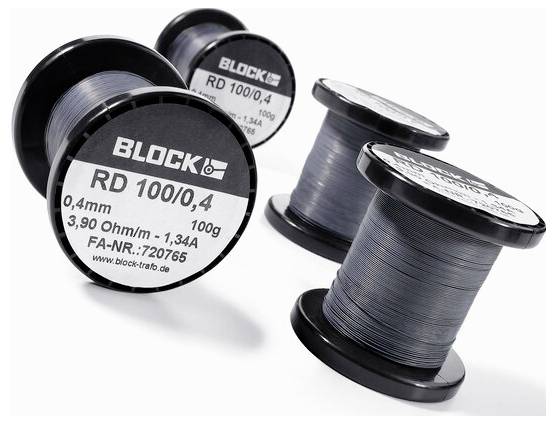 'Drie zwarte spoelen draad met label: Block RD 100/0,4 0,4mm 3,90 Ohm/m 1,34A FA-NR:720765, Block-Trab' in grijze tekst.