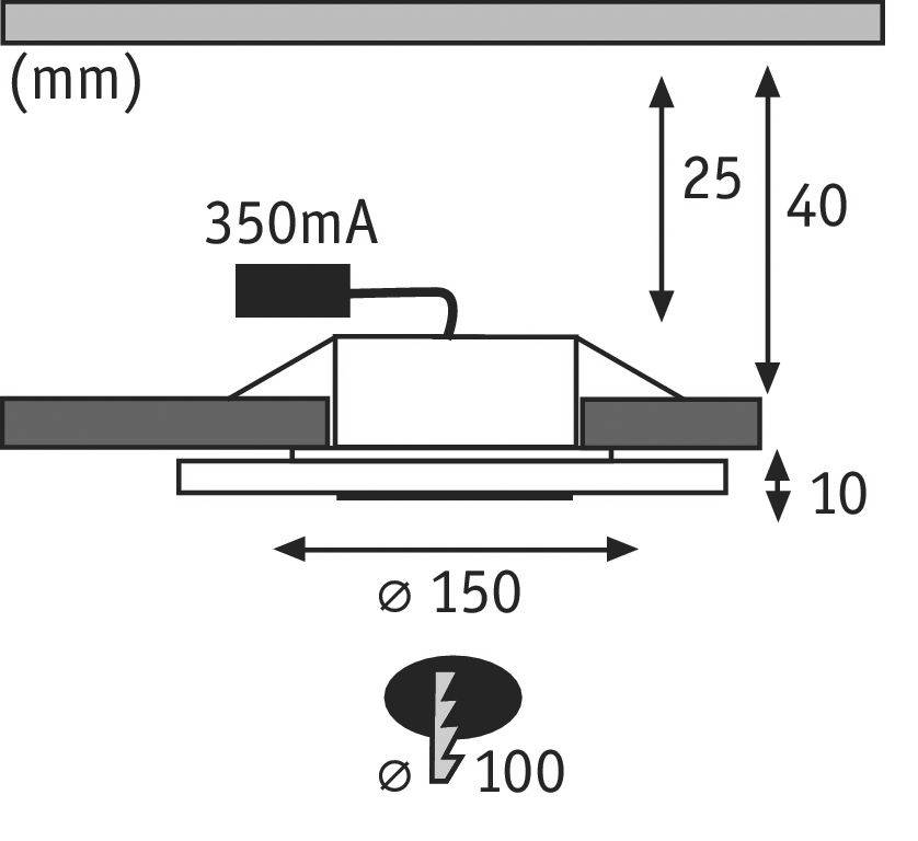 'Diagram van een LED-armatuur: Afmetingen in mm, 350mA. Hoogtes: 40, 25, 10. Diameter 150, interface 100.'