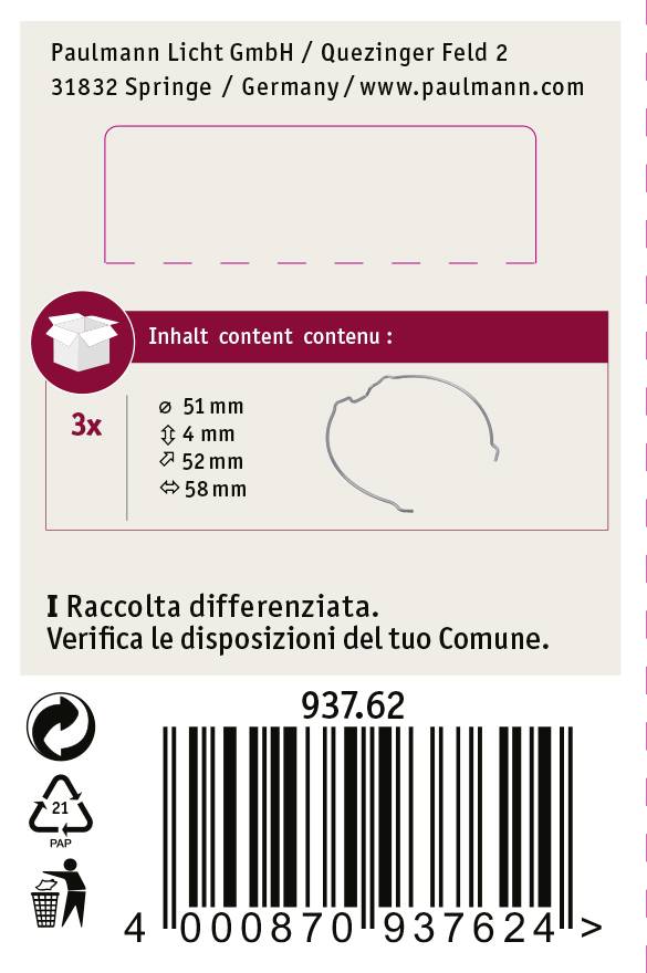 'Paulmann Licht GmbH' verpakkingsetiket met barcodes en gegevens over gloeilampafmetingen: 51 mm, 4 mm, 52 mm, 58 mm.