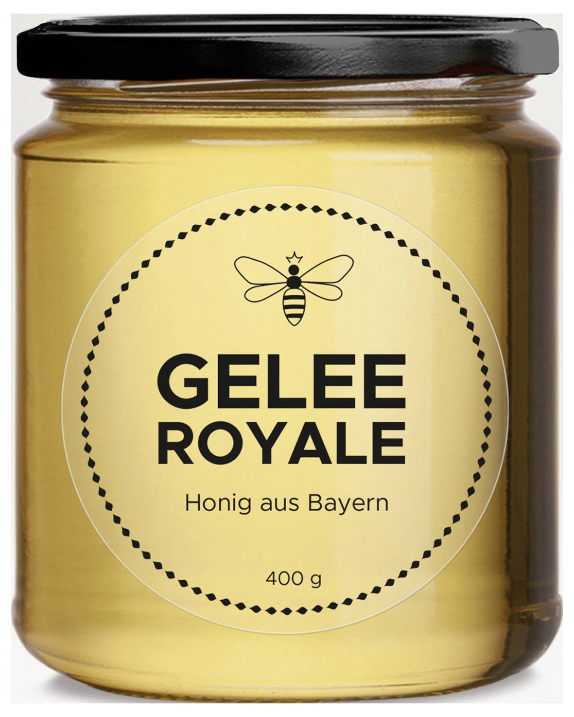 Pot honing met zwart deksel, etiket 'GELEE ROYALE' en 'Honing uit Beieren', 400 g.