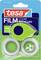 'Helder Film Gerecycled' verpakking met een groene tape dispenser en twee tape rollen, gemarkeerd als 100% gerecyclede materialen.