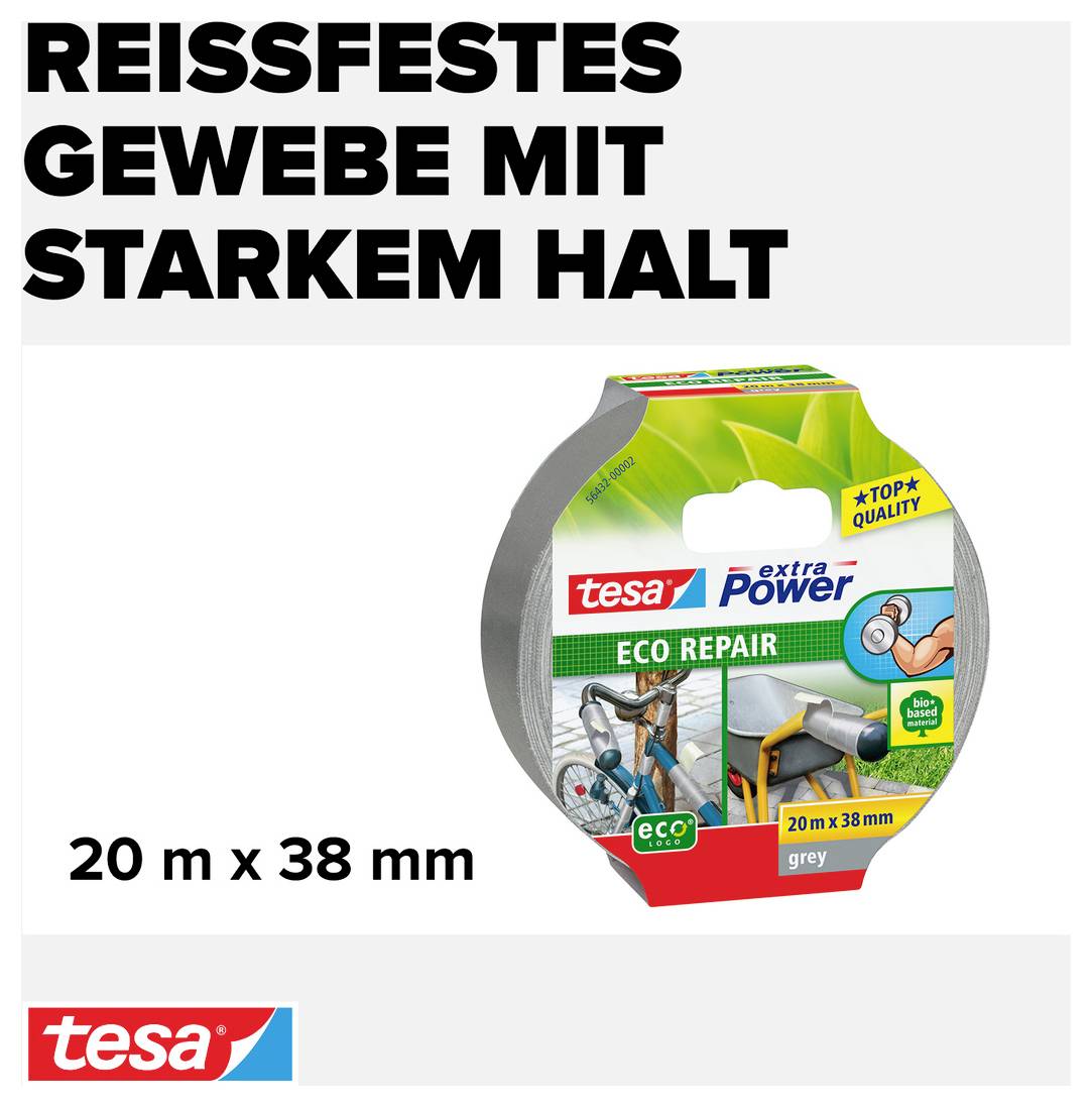 '20 m x 38 mm Tesa Eco Power reparatietape, grijs, voor sterke en scheurbestendige bevestiging.'