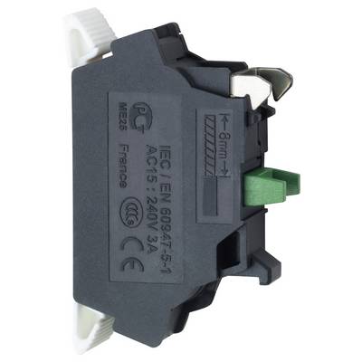 Close-up van een zwarte elektrische schakelaarsmodule met groene en witte aansluitingen, gelabeld IEC/EN 60947-5-1 en AC15 240V 3A.