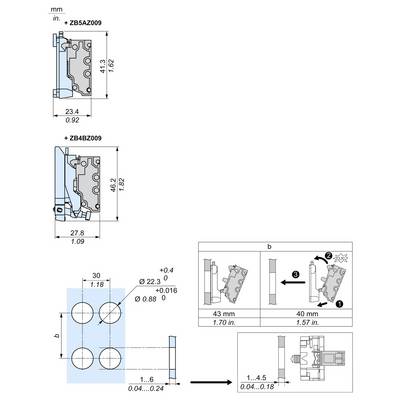 Technisch montagedjagram met twee doorsneden van profielen gelabeld ZB5AZ009 en ZB4BZ009 met afmetingen in inches en millimeters, plus gatenindeling en montage-/detailweergaven.