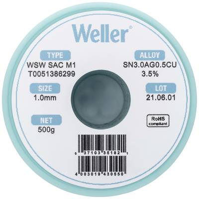 Soldeertin rol van het merk Weller, type WSW SAC M1, diameter 1,0 mm, legering SN3.0AG0.5CU, 500 g, RoHS-conform, partijnummer 21.06.01.